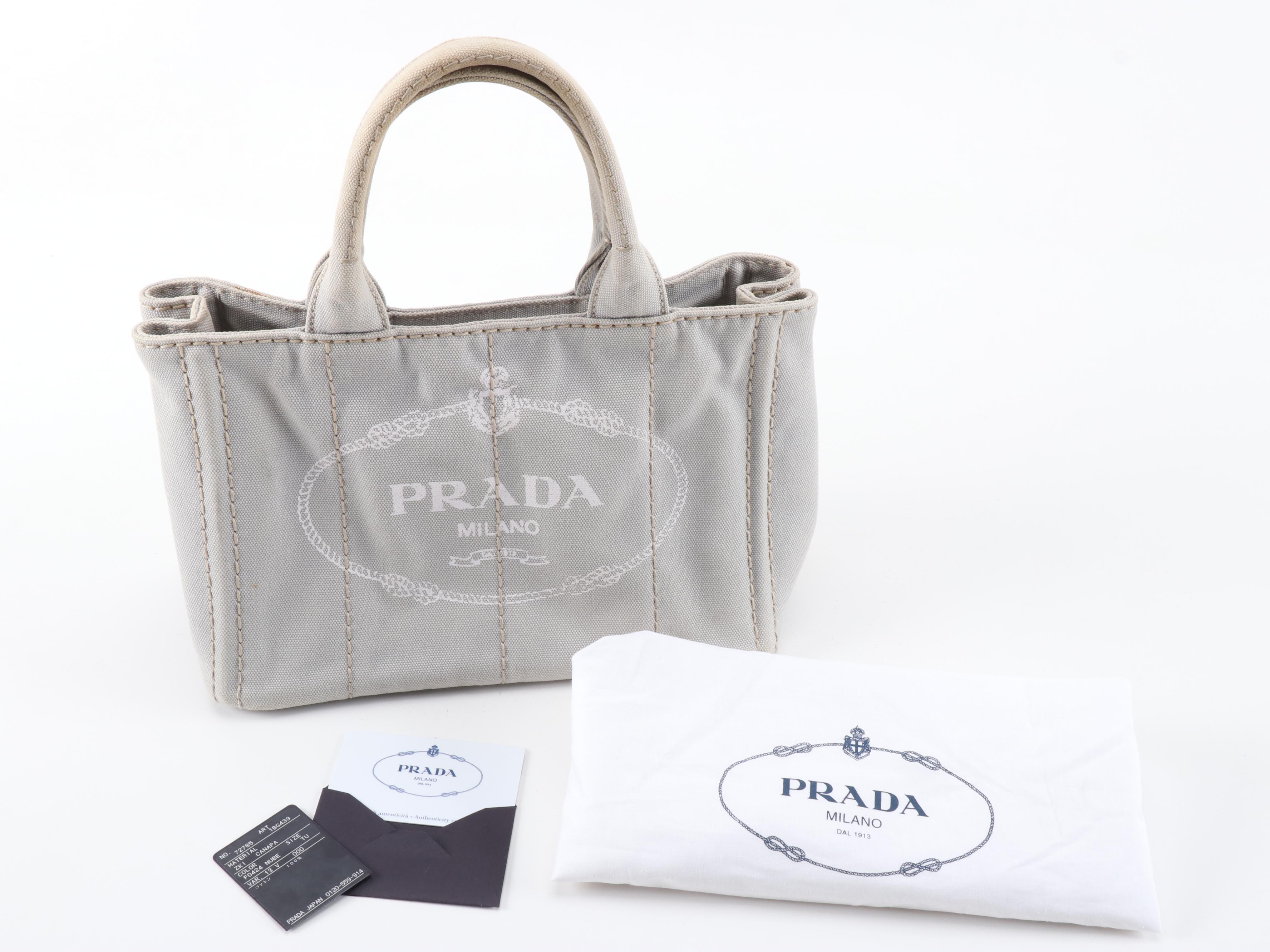 Prada Logo Print Two-Way Tote in Nube Grey Canapa Canvas