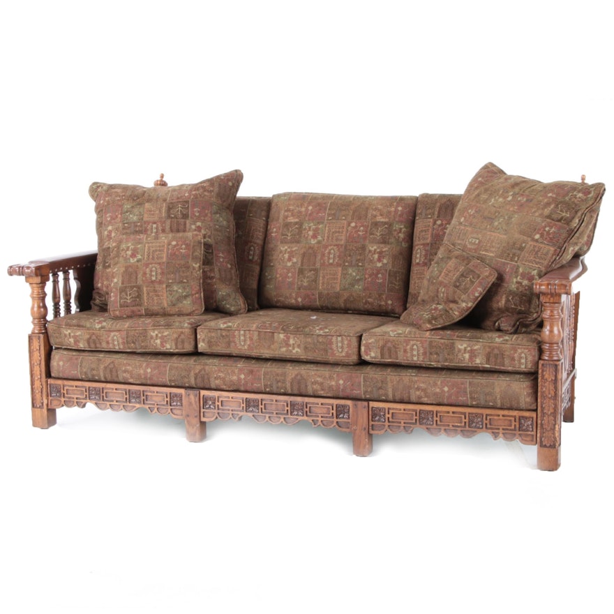 Romweber (Attributed) Carved Oak Upholstered Sofa, Mid to Late 20th Century