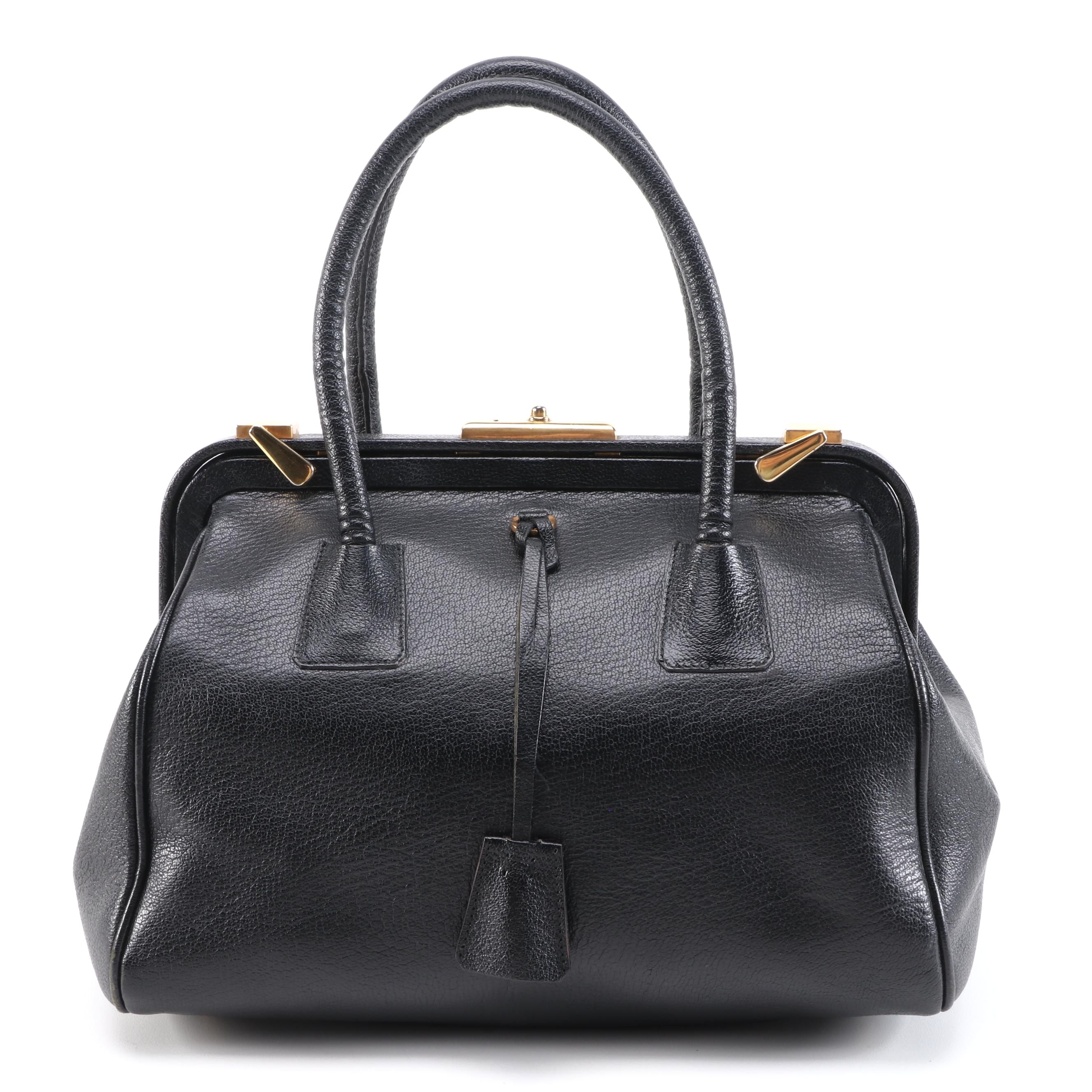 Prada Black Goatskin Leather Frame Doctor's Bag Satchel