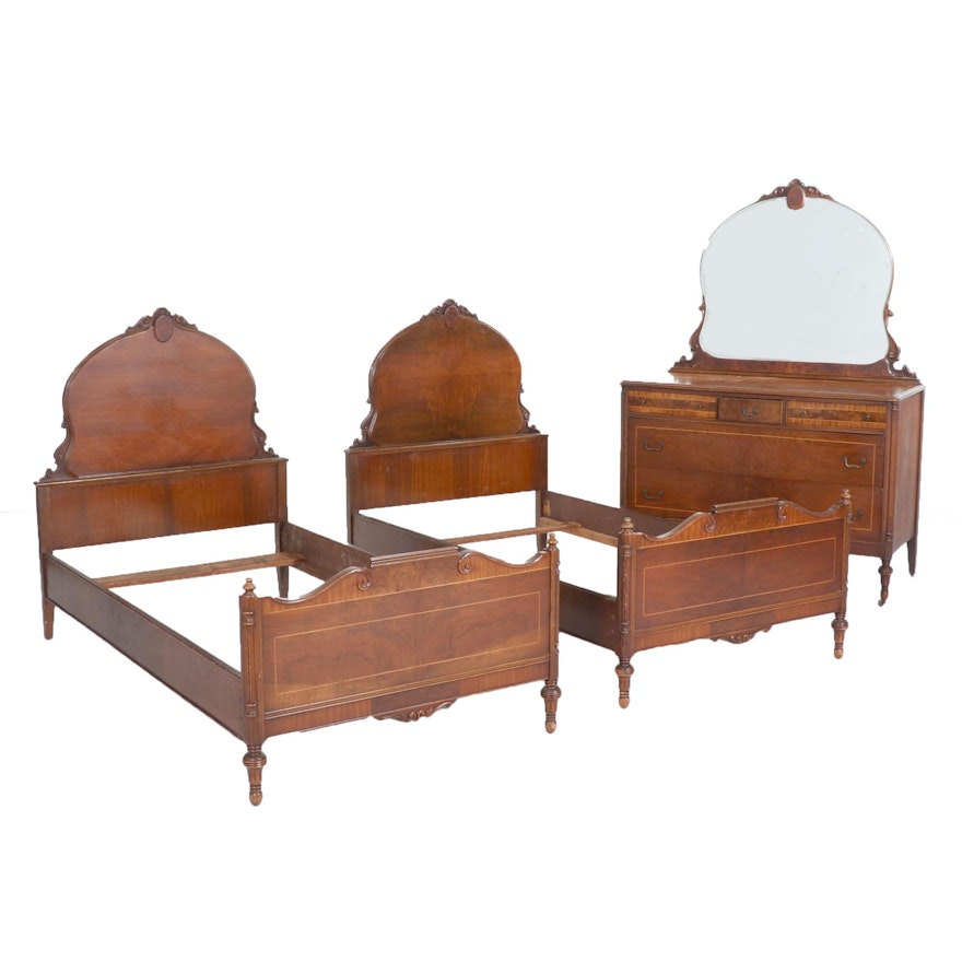 Inlaid Walnut Bedroom Set, Early to Mid 20th Century