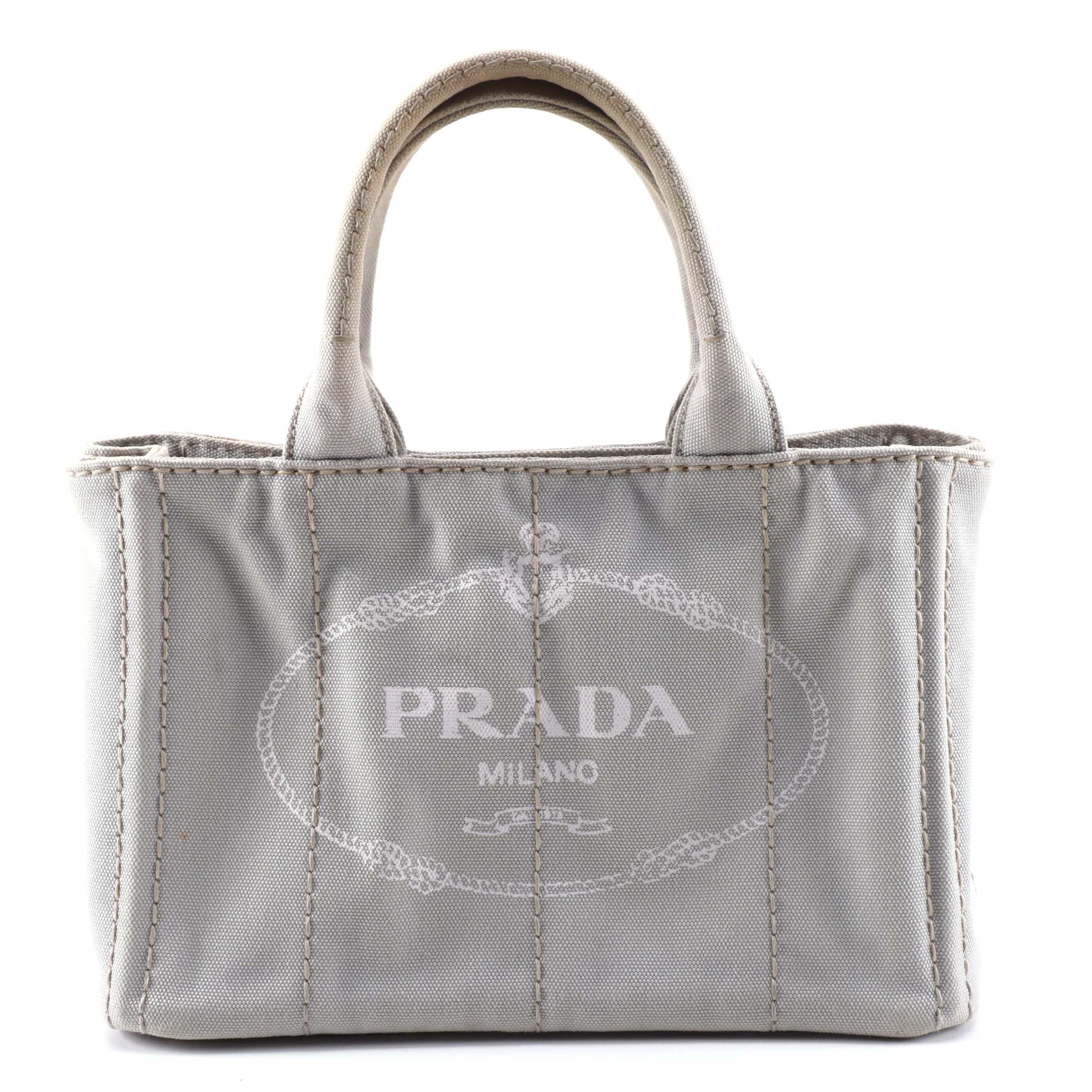 Prada Logo Print Two-Way Tote in Nube Grey Canapa Canvas