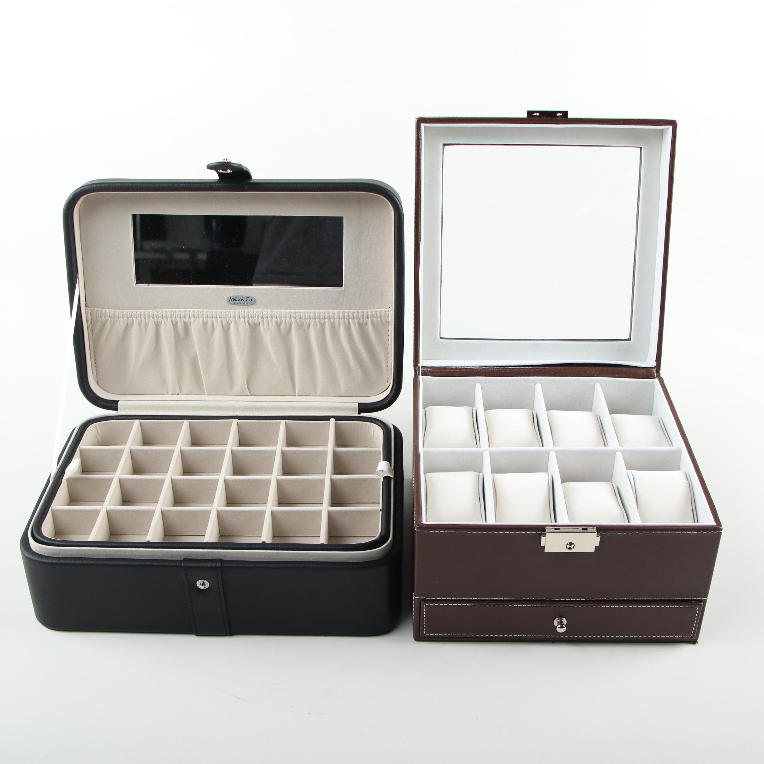 Mele & Co. Wooden Jewelry Box with Gem Pak Leather Watch Case