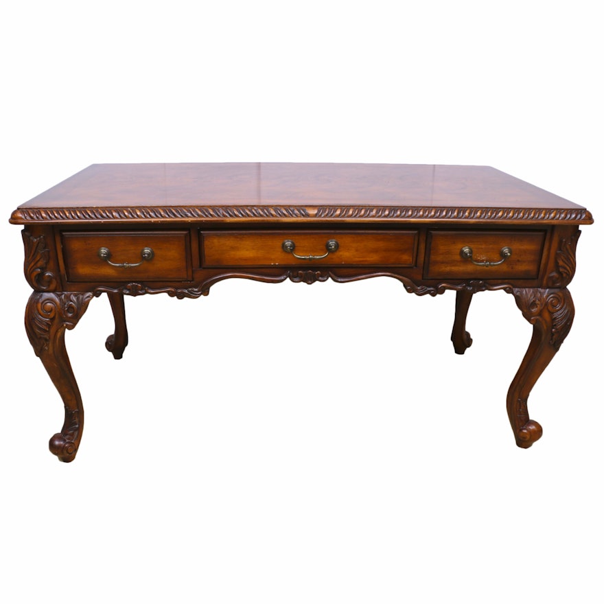 Louis XV Style Hardwood and Ash Burl-Veneered Library Table, Late 20th Century