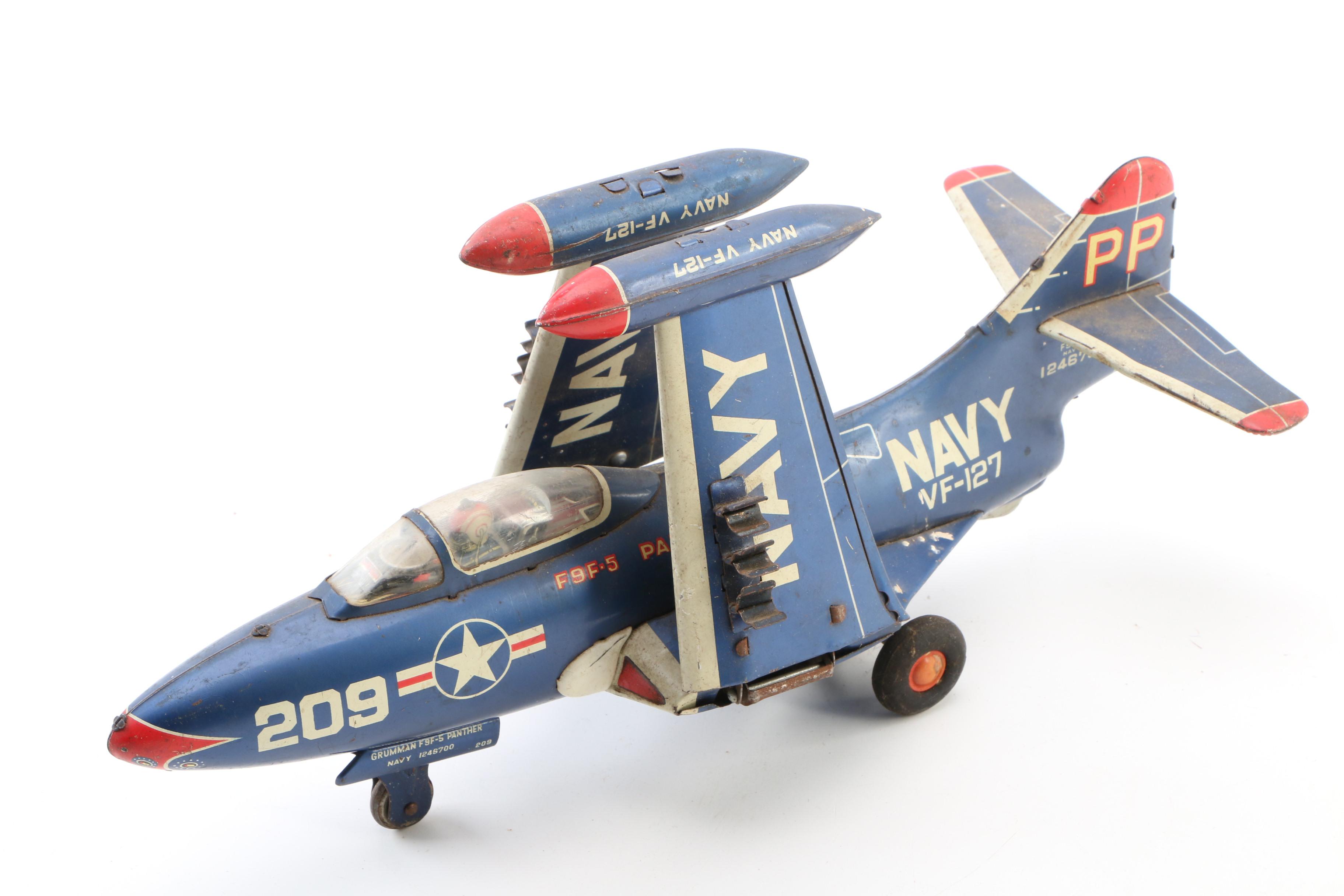 Tin Lithograph Halloween Noisemaker and Navy VF-127 Fighter Jet Toys, Vintage