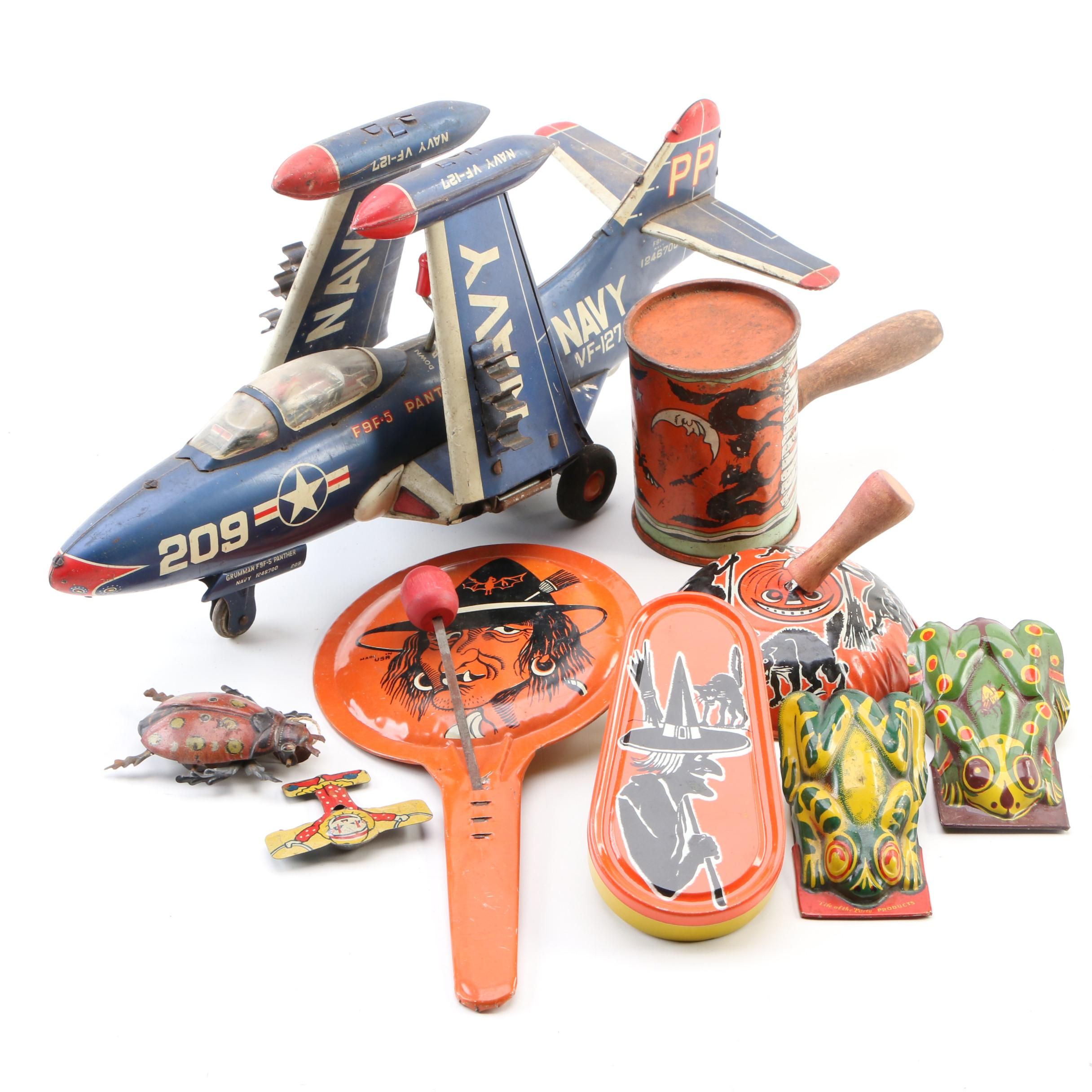 Tin Lithograph Halloween Noisemaker and Navy VF-127 Fighter Jet Toys, Vintage