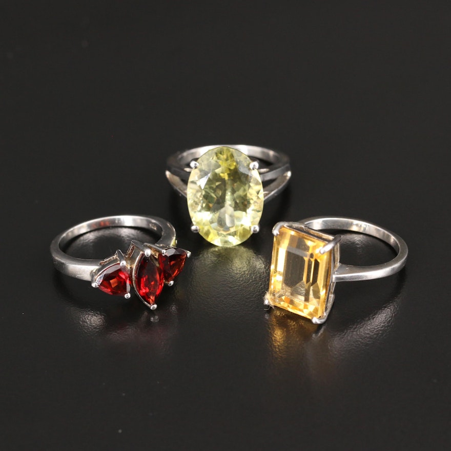 Sterling Silver Citrine and Garnet Three Stone and Cocktail Rings