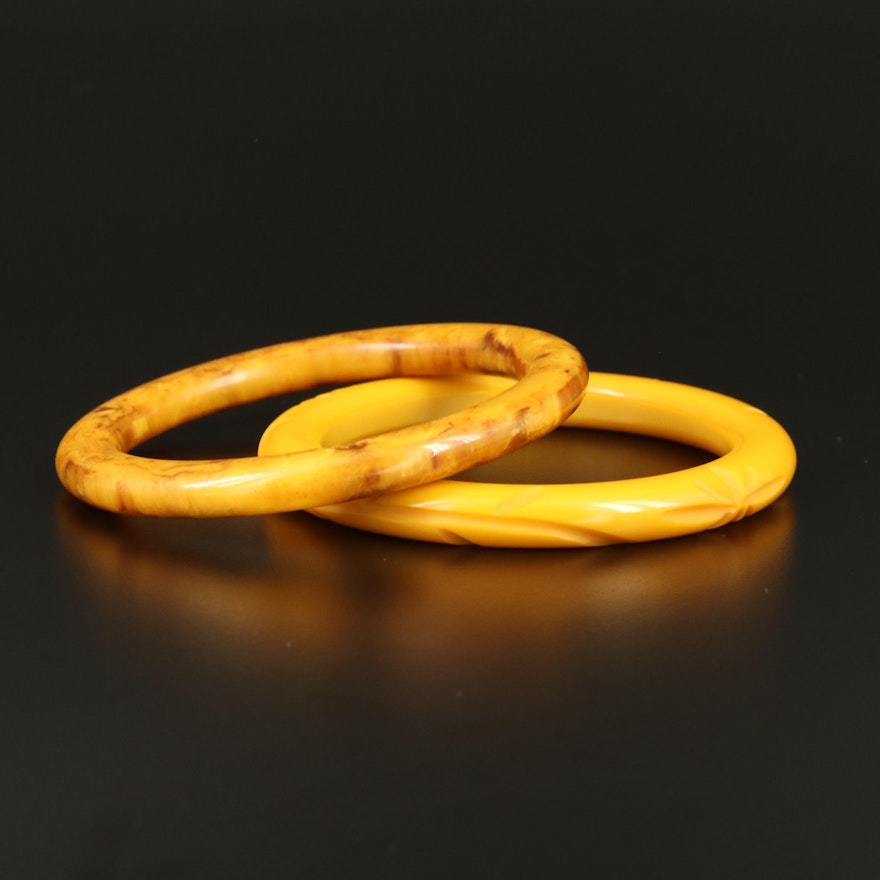 Carved Custard and Marbled Butterscotch Bakelite Bangles
