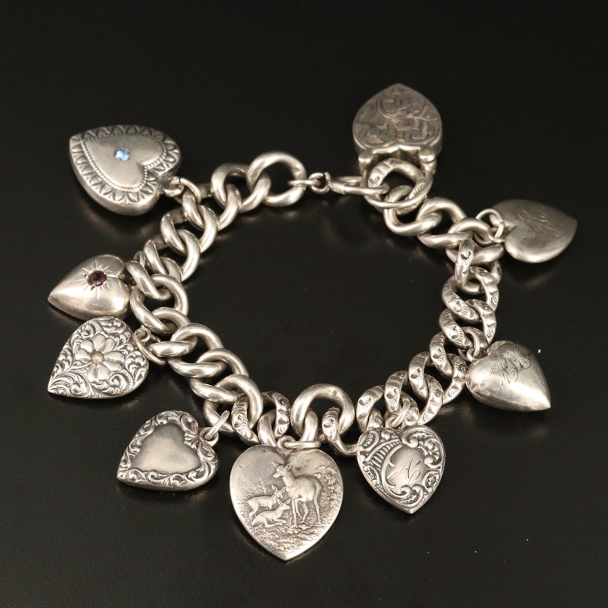 Vintage Sterling Puff Heart Charm Bracelet with Glass Accents