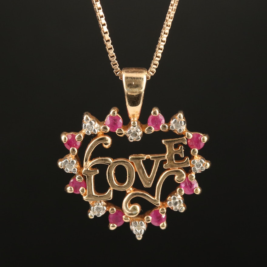 Sterling Ruby and Diamond "Love" Heart Pendant Necklace