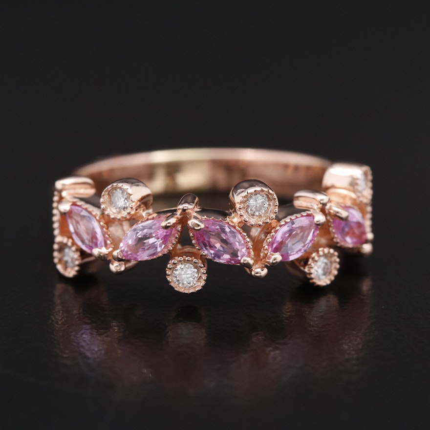 14K Rose Gold Sapphire and Diamond Band with Milgrain Detailing