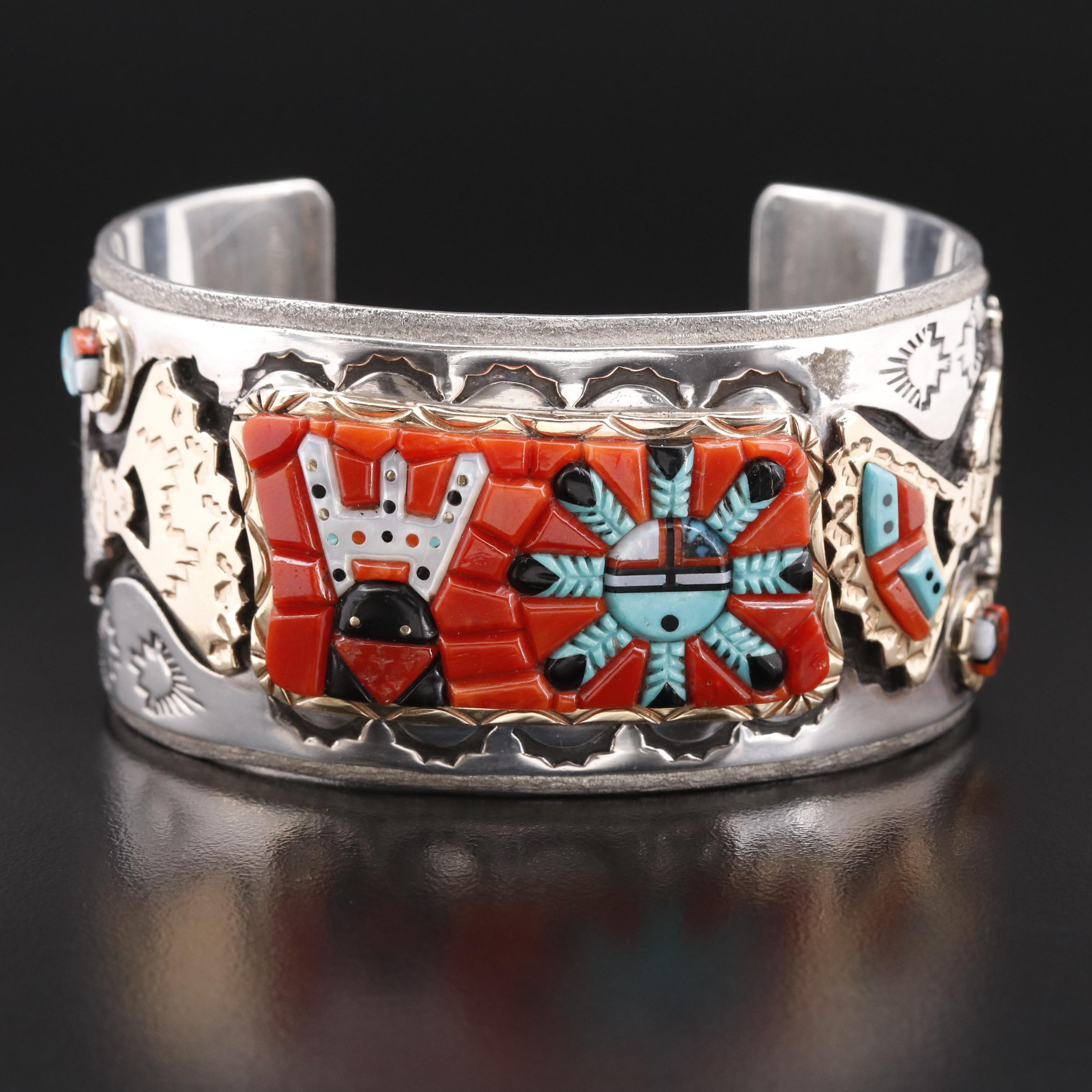 Wilbert Manning Navajo Diné Cobblestone Inlay Stamped Zuni Kachina Dancer Cuff