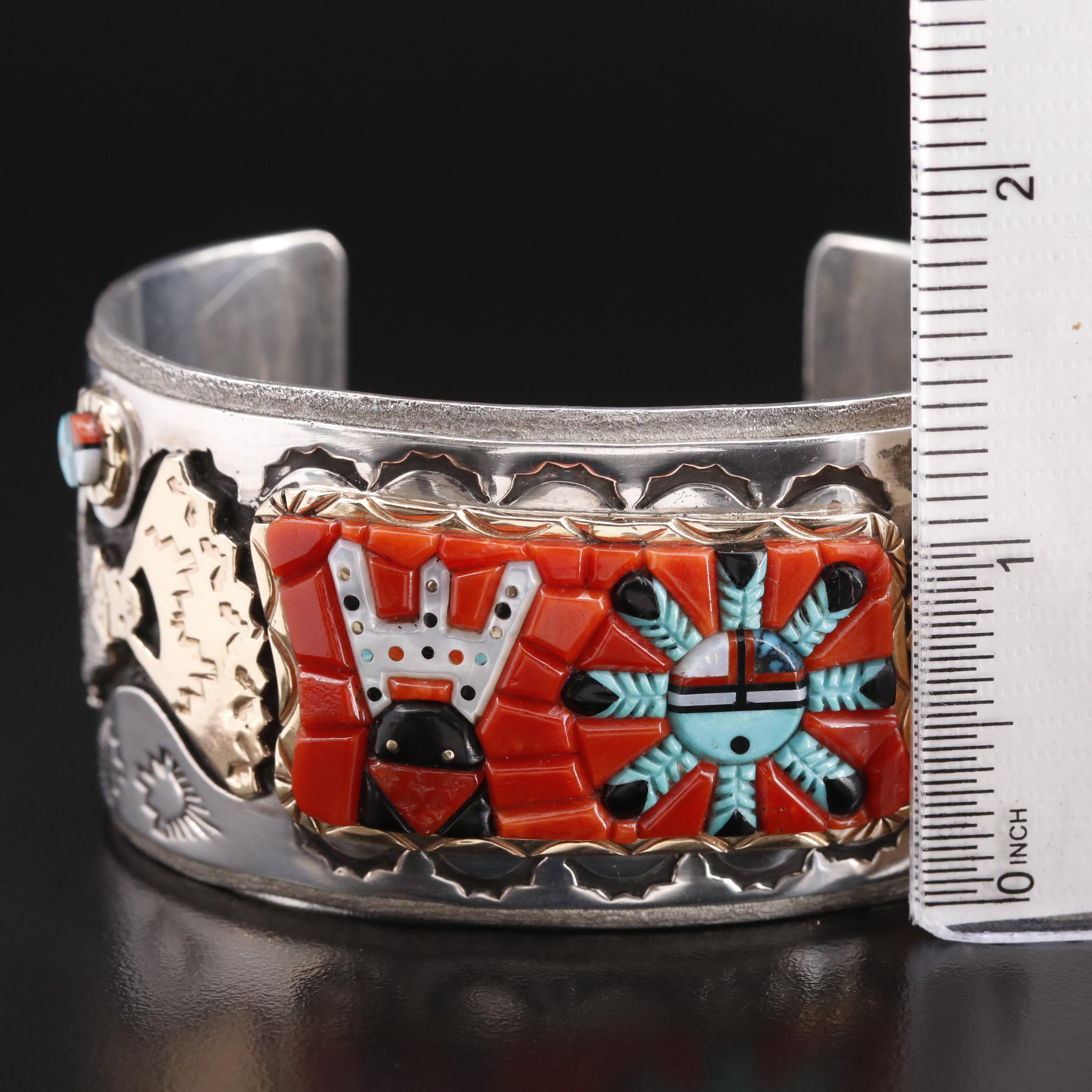Wilbert Manning Navajo Diné Cobblestone Inlay Stamped Zuni Kachina Dancer Cuff