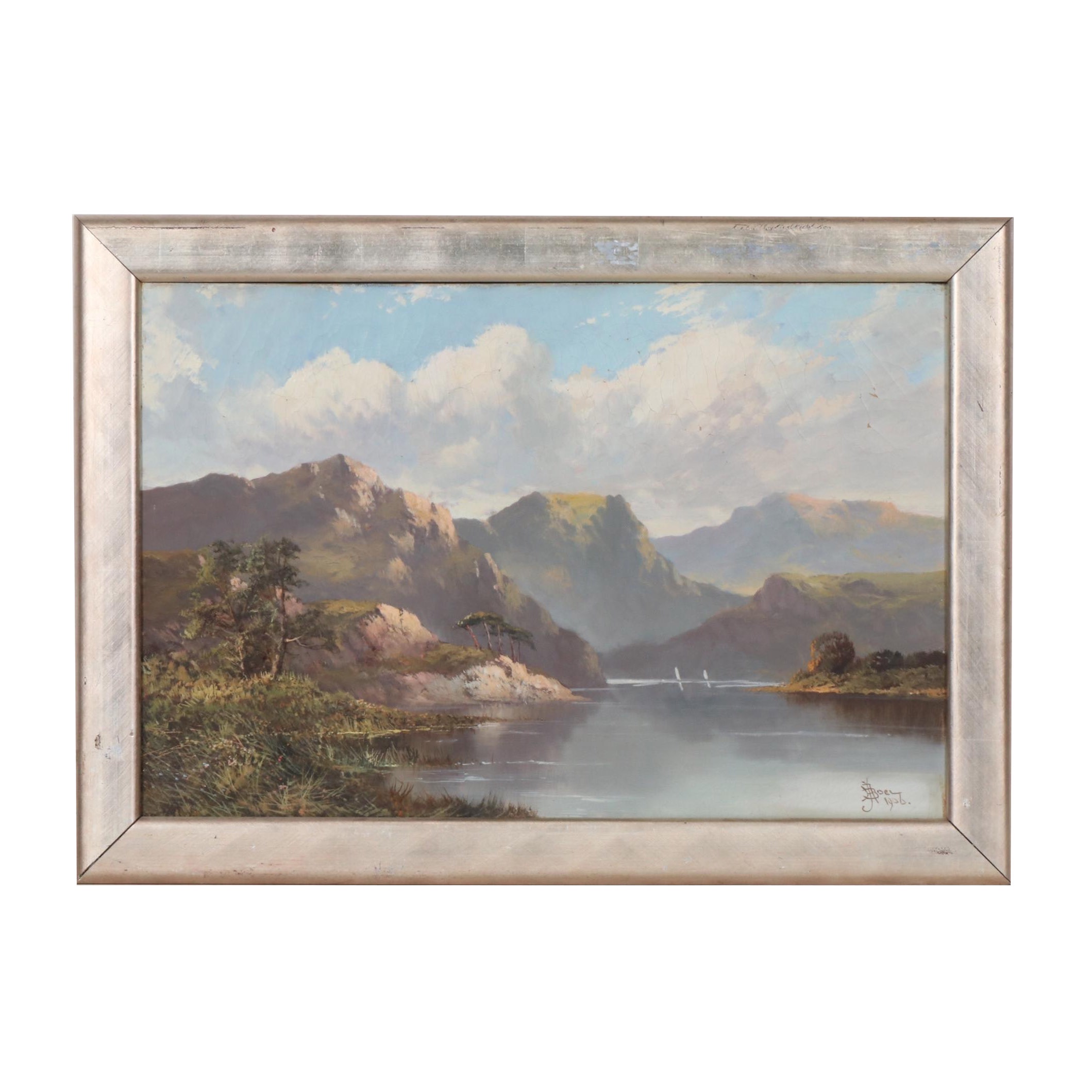 John Henry Boel Oil Painting of Mountain River Landscape, 1906