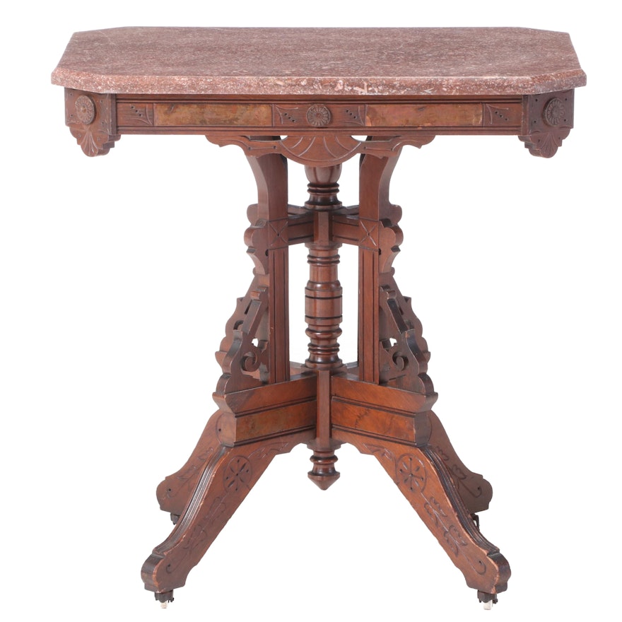 Victorian Walnut, Burl Walnut, and Marble Top Side Table, Late 19th Century