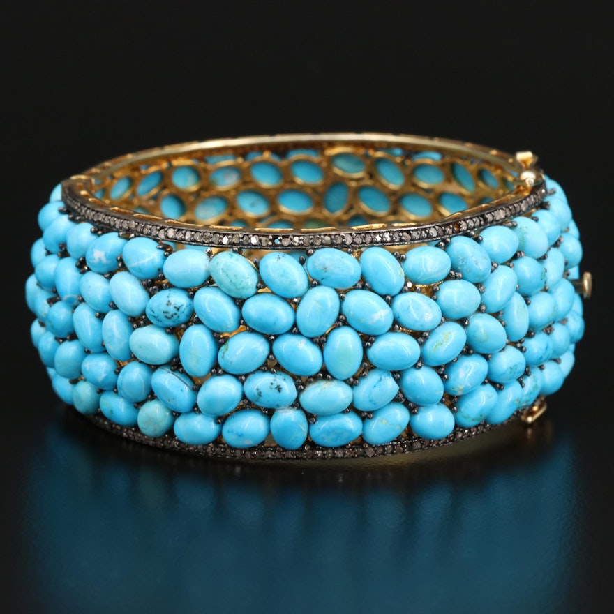 Sterling Silver Magnesite and Diamond Hinged Bangle