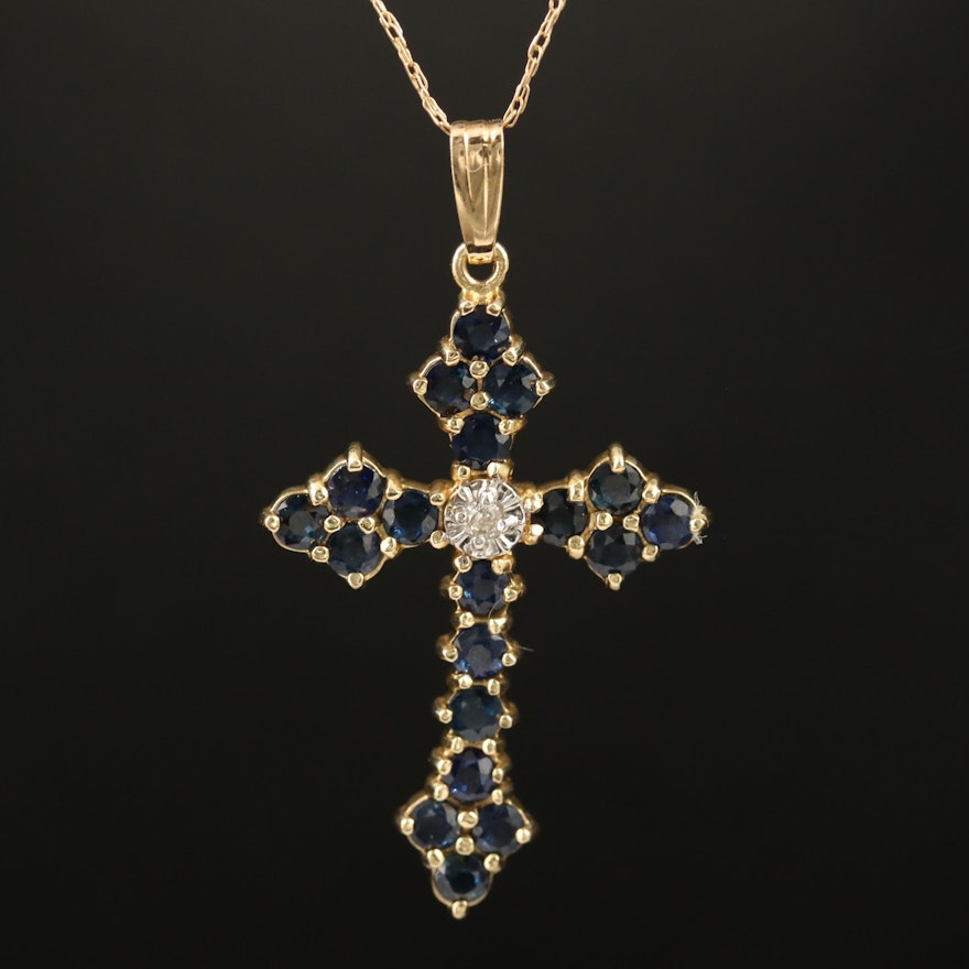 14K Sapphire and Diamond Cross Pendant Necklace