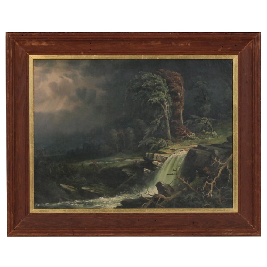 Waterfall Landscape with Stormy Sky Oil Painting, 1895