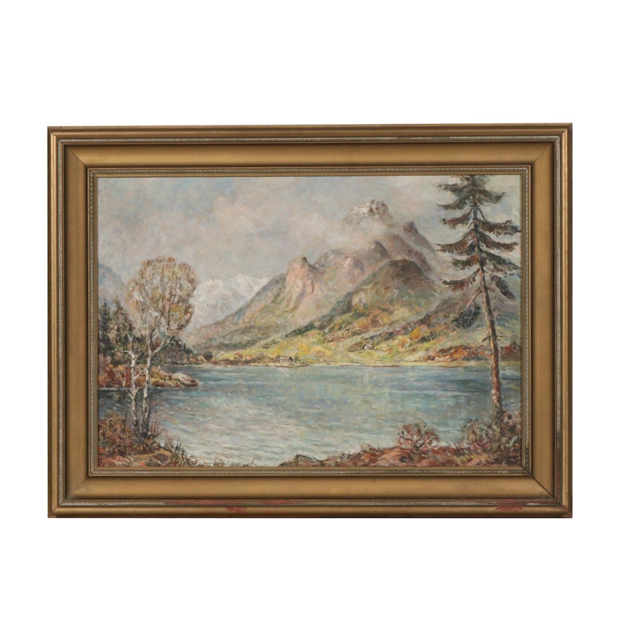 Impressionist Style Oil Painting of Mountain Lake Landscape, 20th Century