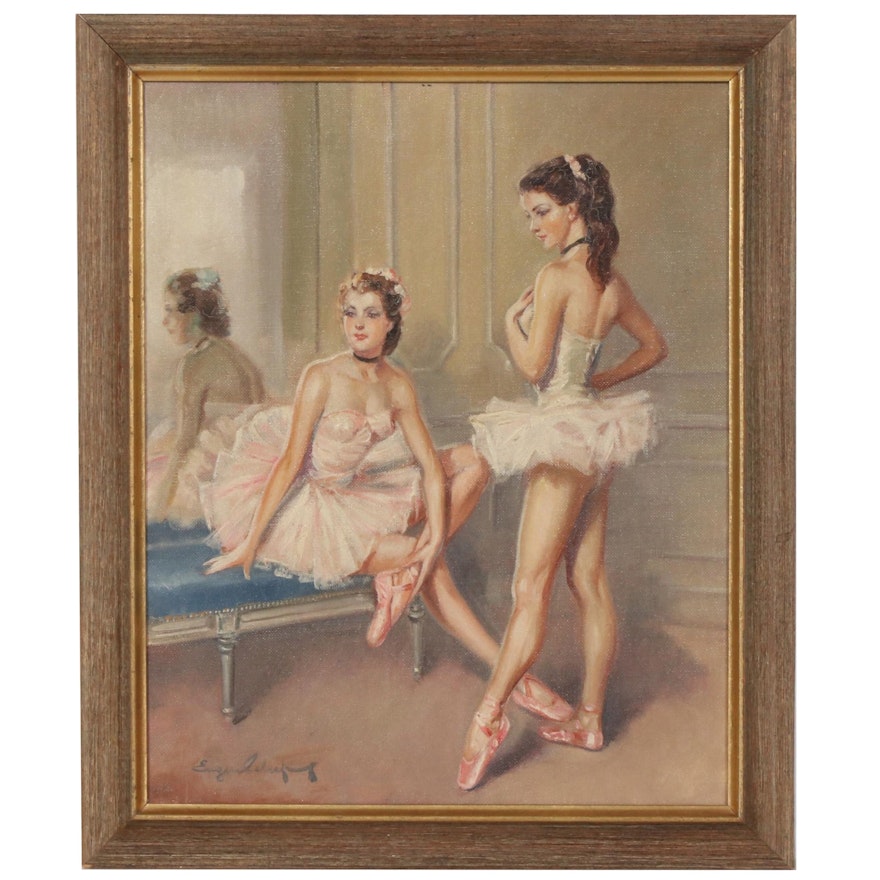 Mid 20th Century Oil Painting of Ballerinas Stretching