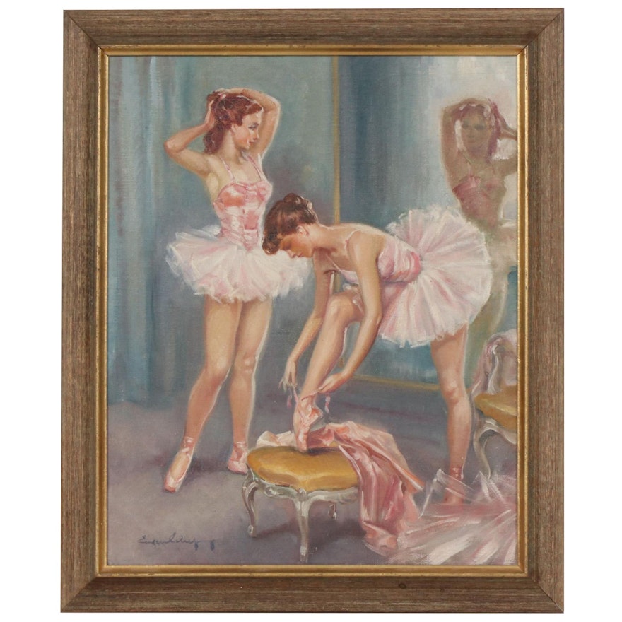 Ballerinas in Dressing Room Oil Painting, Mid 20th Century