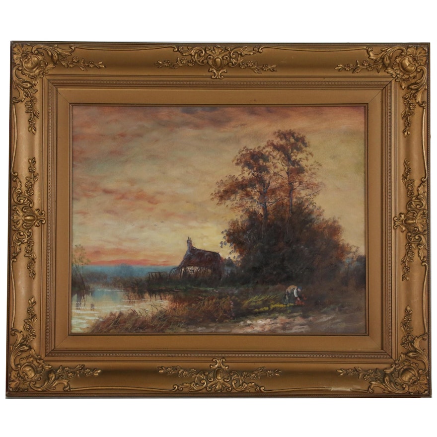 Rural Countryside Landscape Oil Painting, Early 20th Century