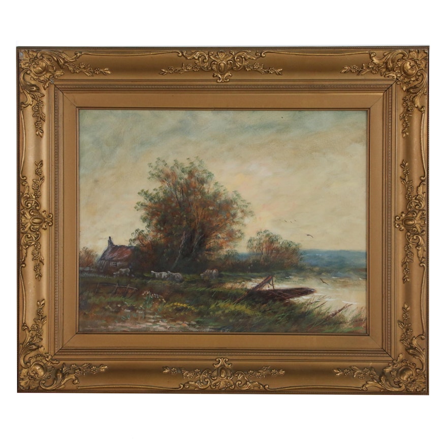 Rural Countryside Landscape Oil Painting, Early 20th Century