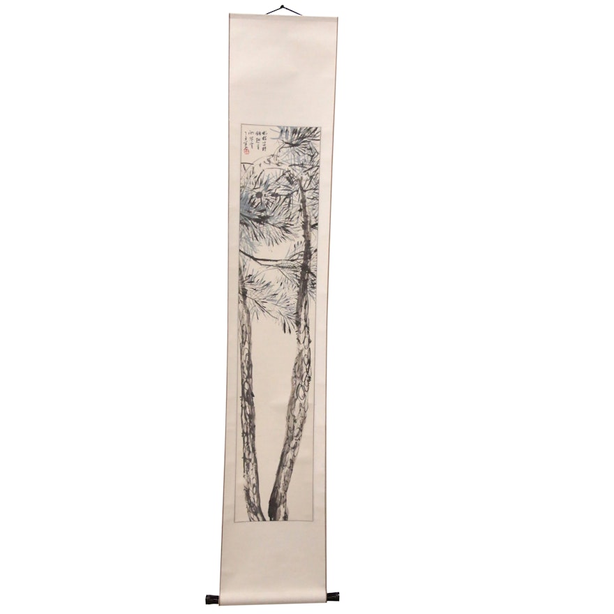 Japanese Watercolor Painting of Pine Trees on Hanging Scroll