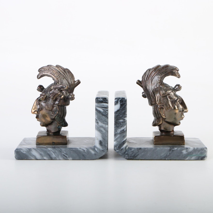 Kʼinich Janaabʼ Pakal Bronze Bust and Marble Bookends