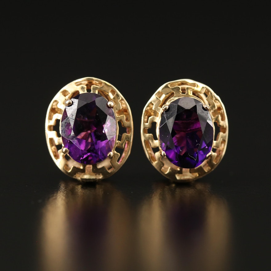 14K Amethyst Clip Earrings with Pierced Borders