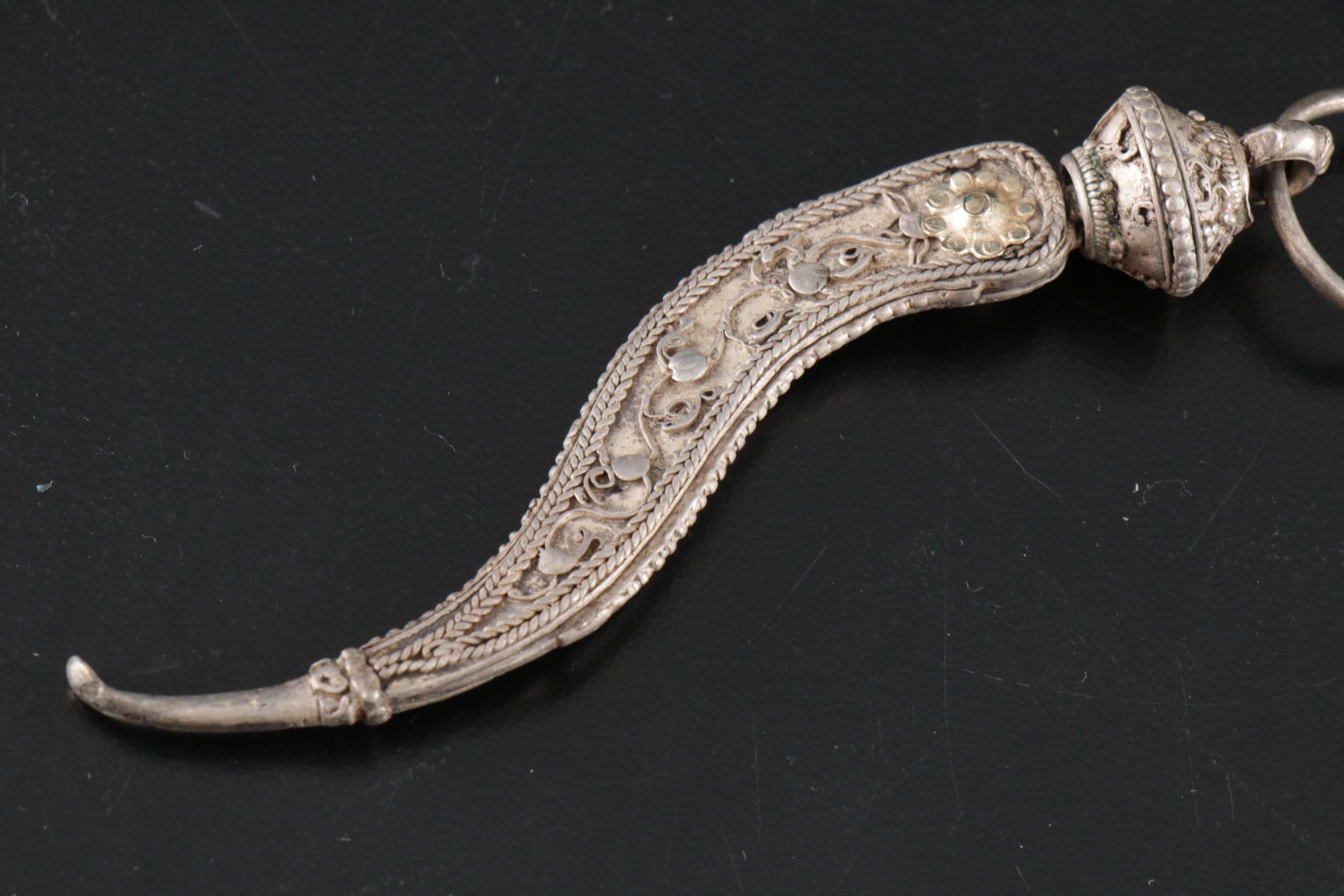 East Asian Silver Alloy Filigree Opium Knife and Spoon, 20th Century