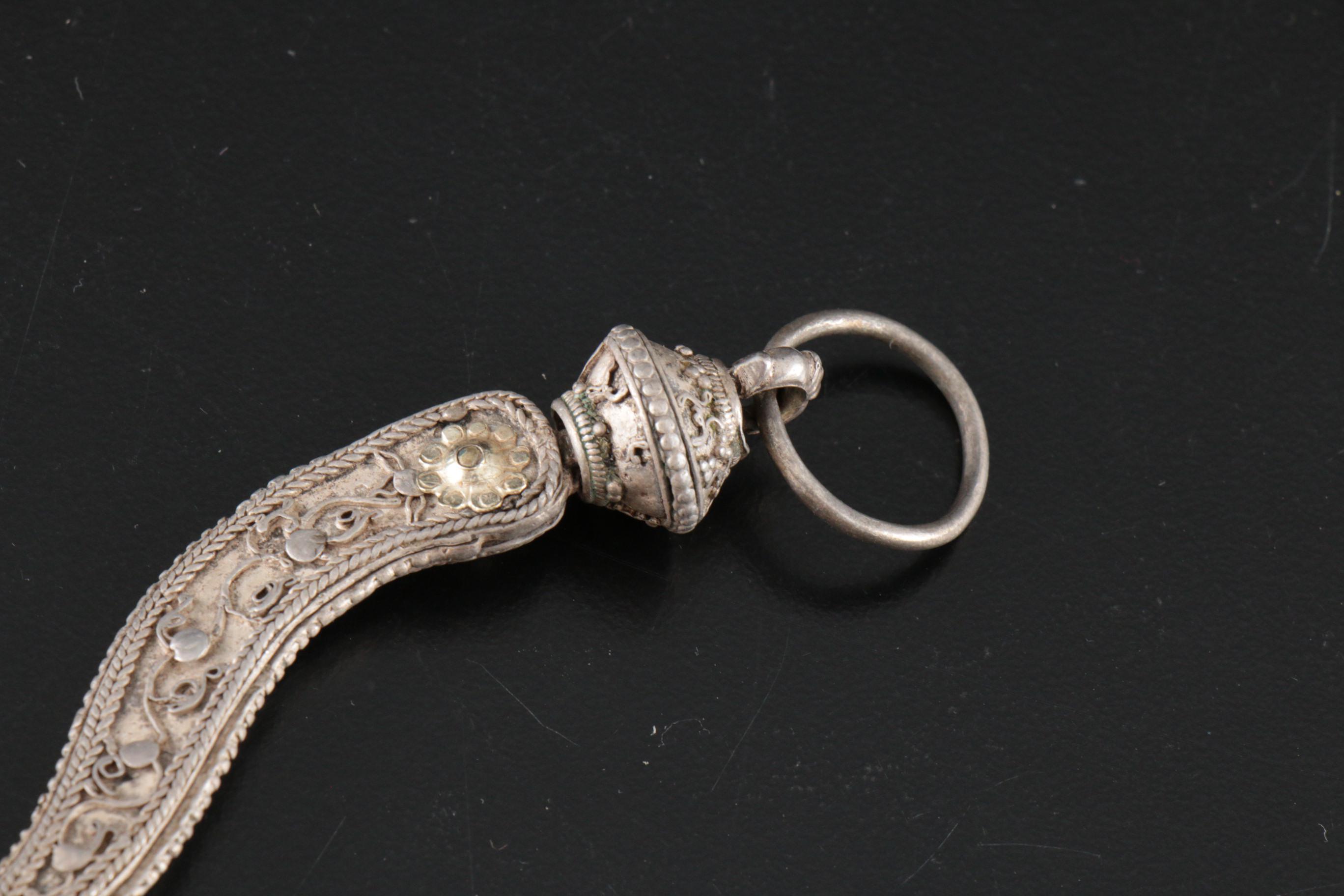 East Asian Silver Alloy Filigree Opium Knife and Spoon, 20th Century