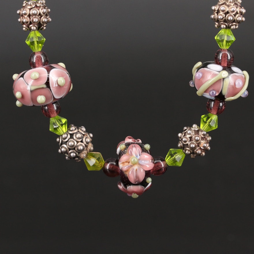 Beaded Necklace with Lampwork Glass and Sterling Silver Clasp