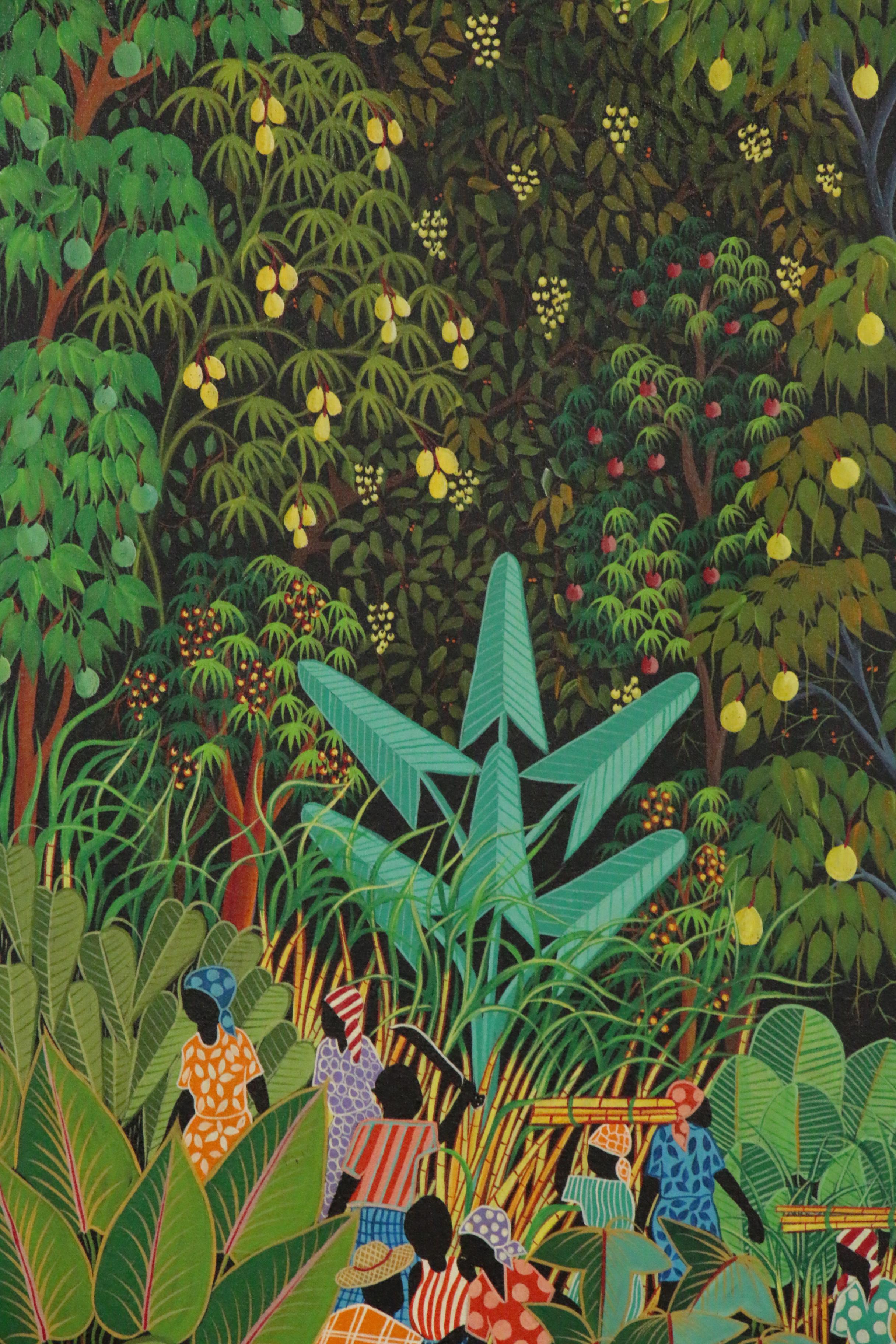 Inatace Alphonse Haitian Folk Art Acrylic Painting of Sugar Cane Harvesting