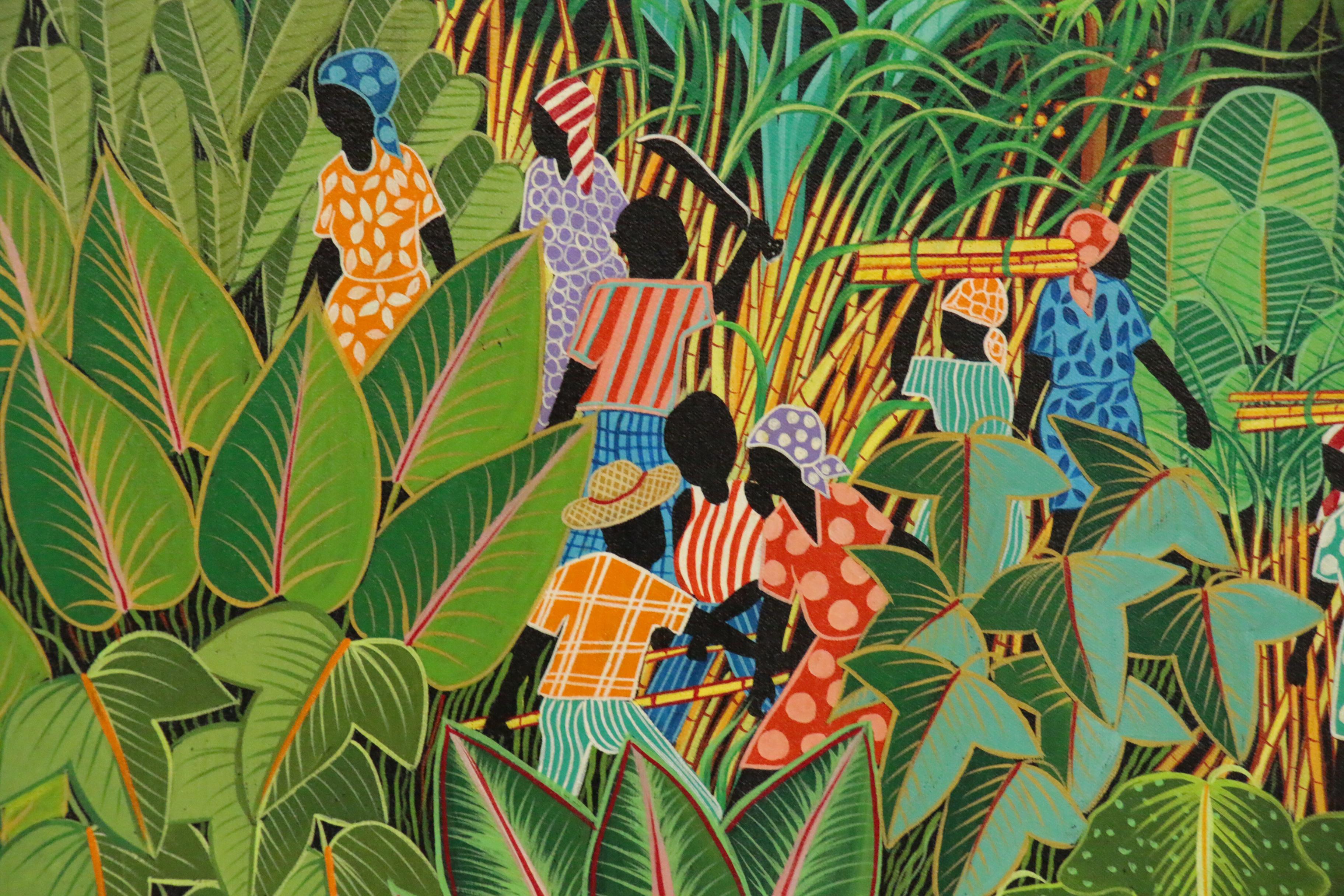 Inatace Alphonse Haitian Folk Art Acrylic Painting of Sugar Cane Harvesting