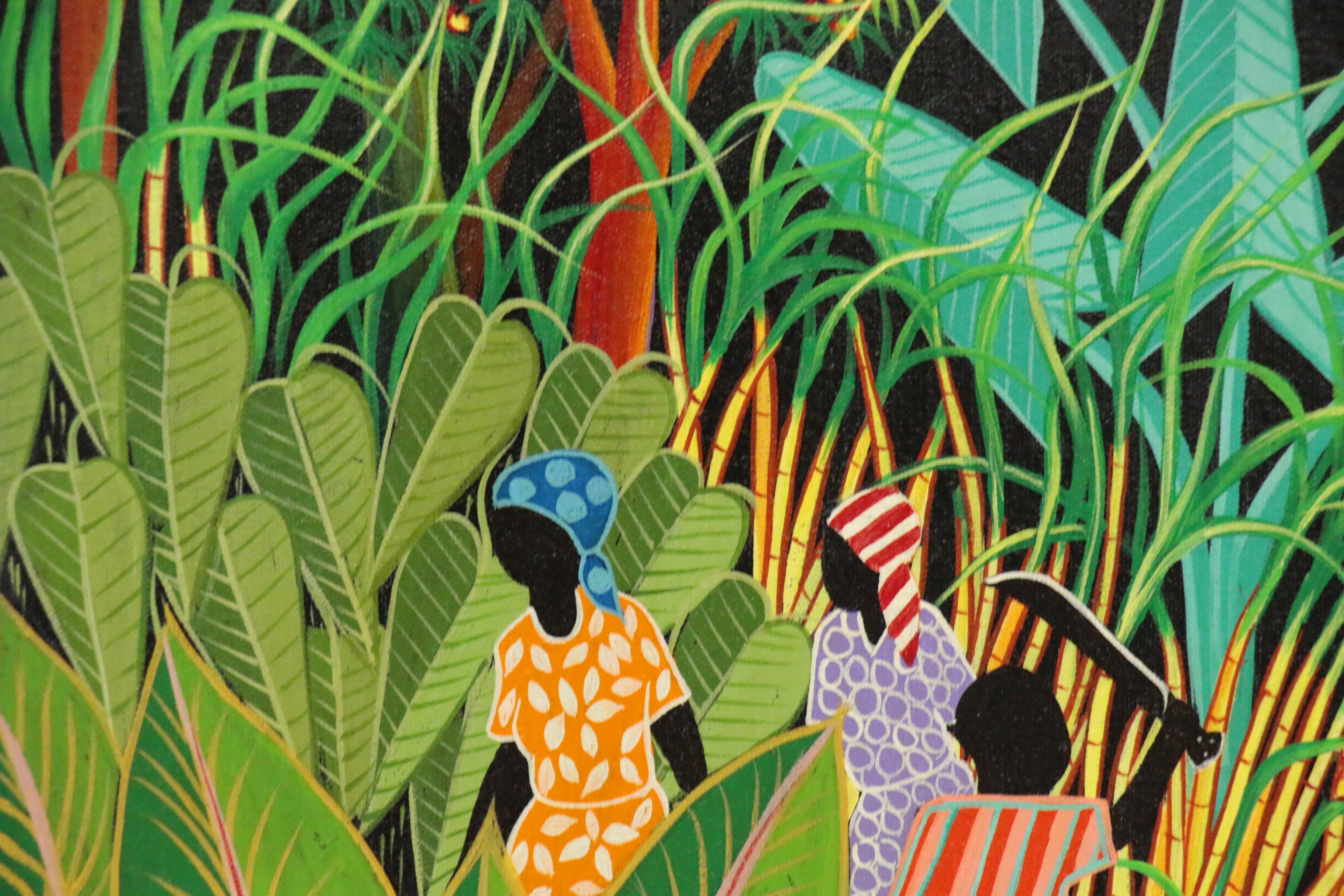 Inatace Alphonse Haitian Folk Art Acrylic Painting of Sugar Cane Harvesting
