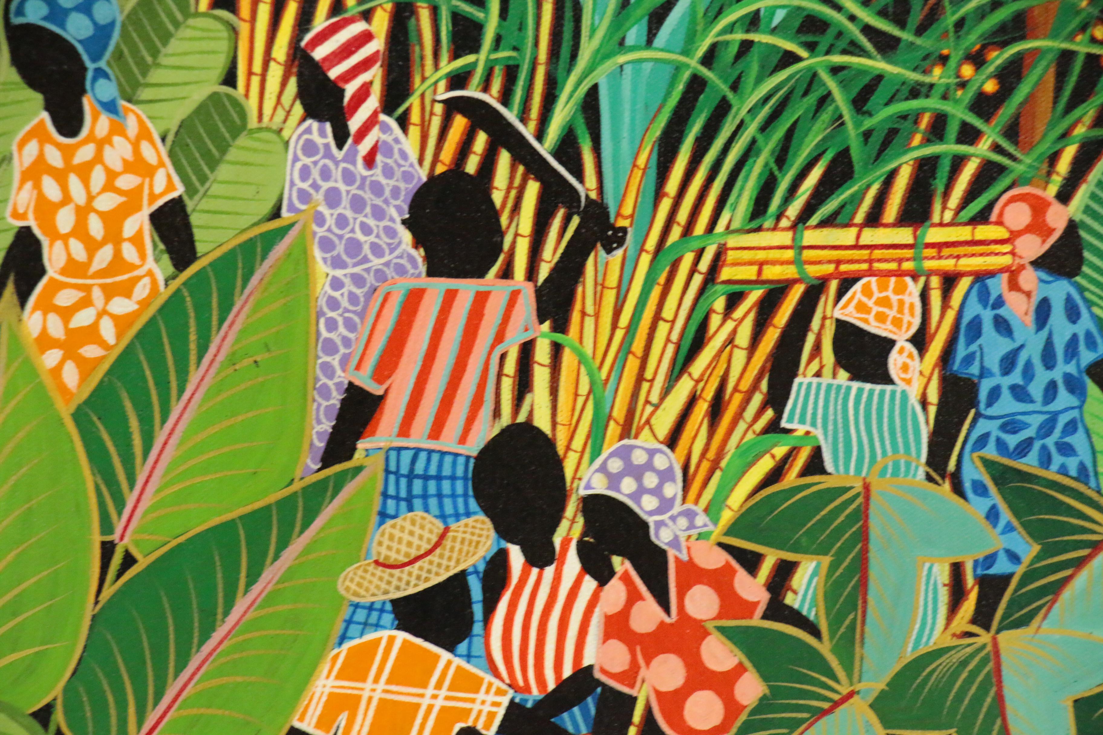 Inatace Alphonse Haitian Folk Art Acrylic Painting of Sugar Cane Harvesting
