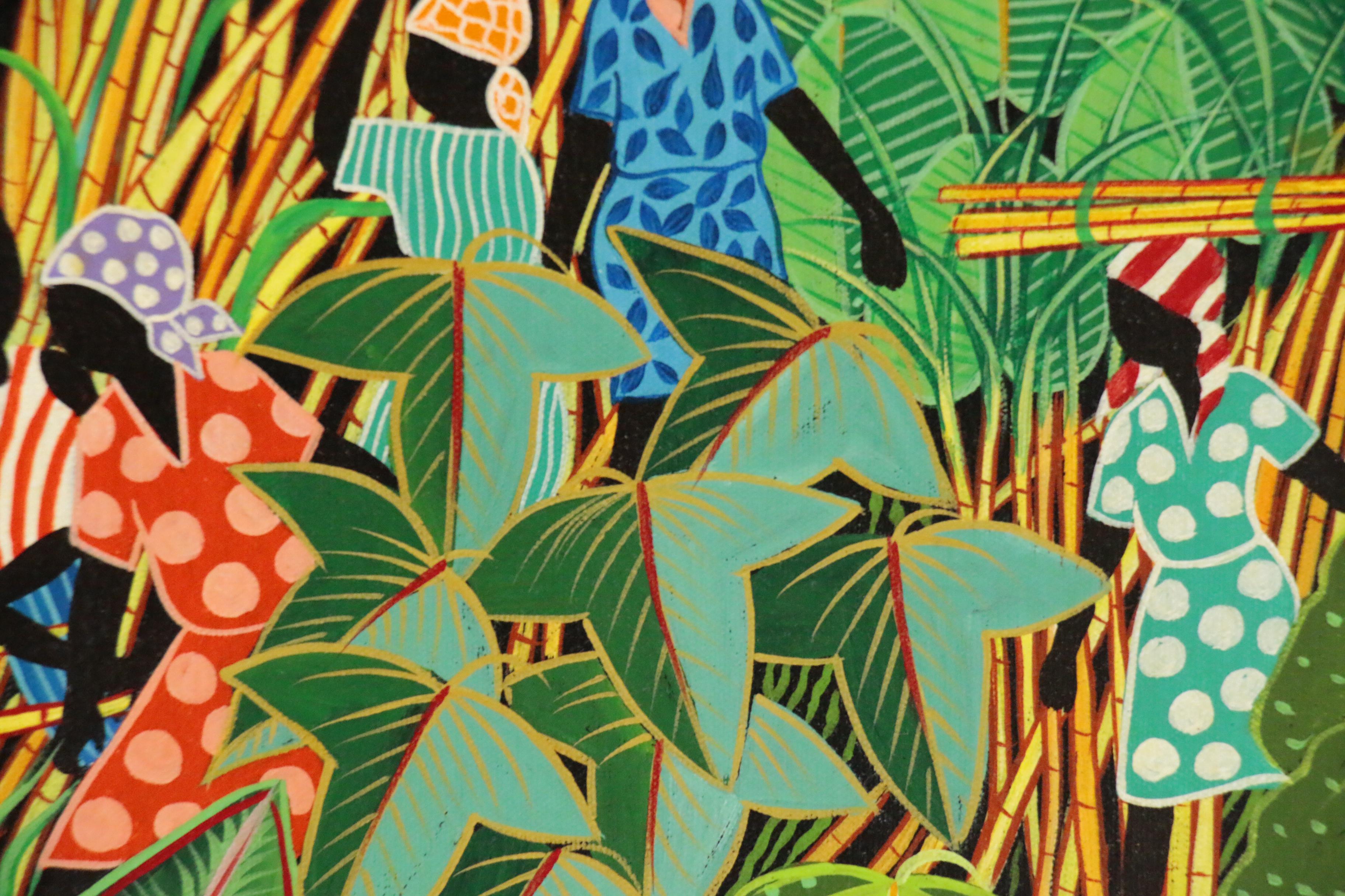 Inatace Alphonse Haitian Folk Art Acrylic Painting of Sugar Cane Harvesting