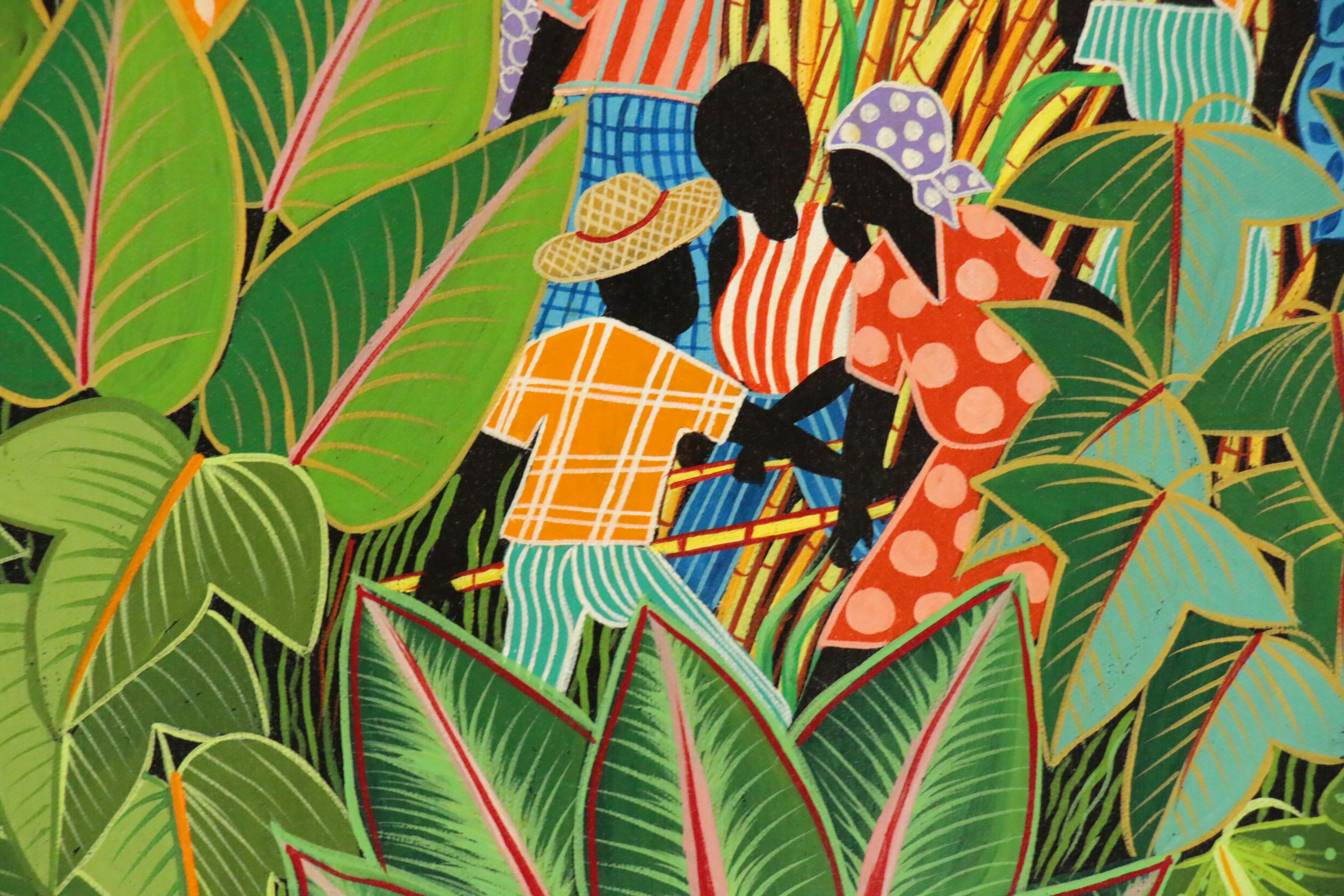 Inatace Alphonse Haitian Folk Art Acrylic Painting of Sugar Cane Harvesting