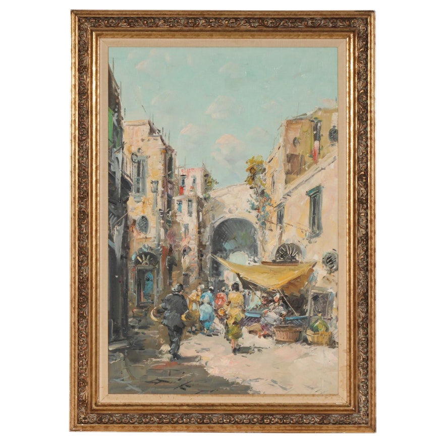 Impressionist Style Impasto Oil Painting of Street Market Scene, 20th Century