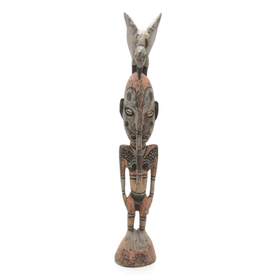 Ancestor Figure Polychrome Hand-Carved Wood and Shell Statue, Papua New Guinea