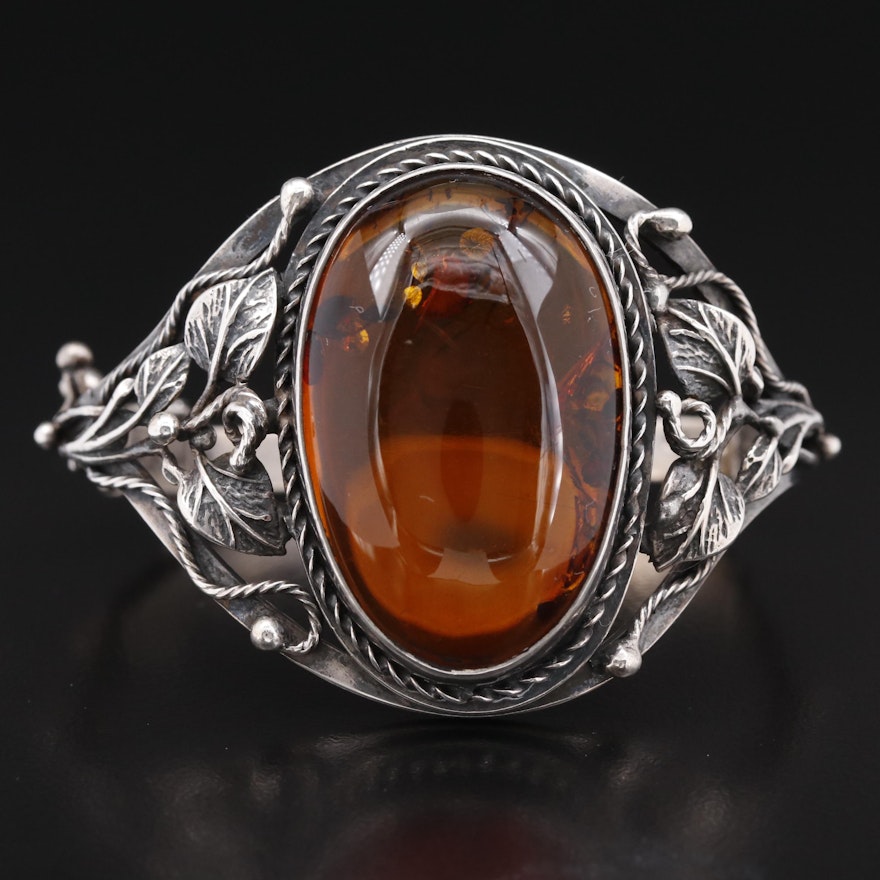 Vintage Sterling Silver Amber Foliate Hinged Bangle