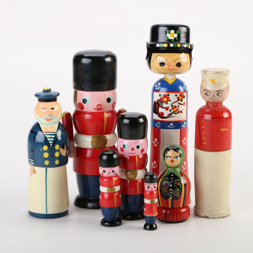 Hand-Painted Wood Figurines Including Nutcrackers, Mid to Late 20th Century