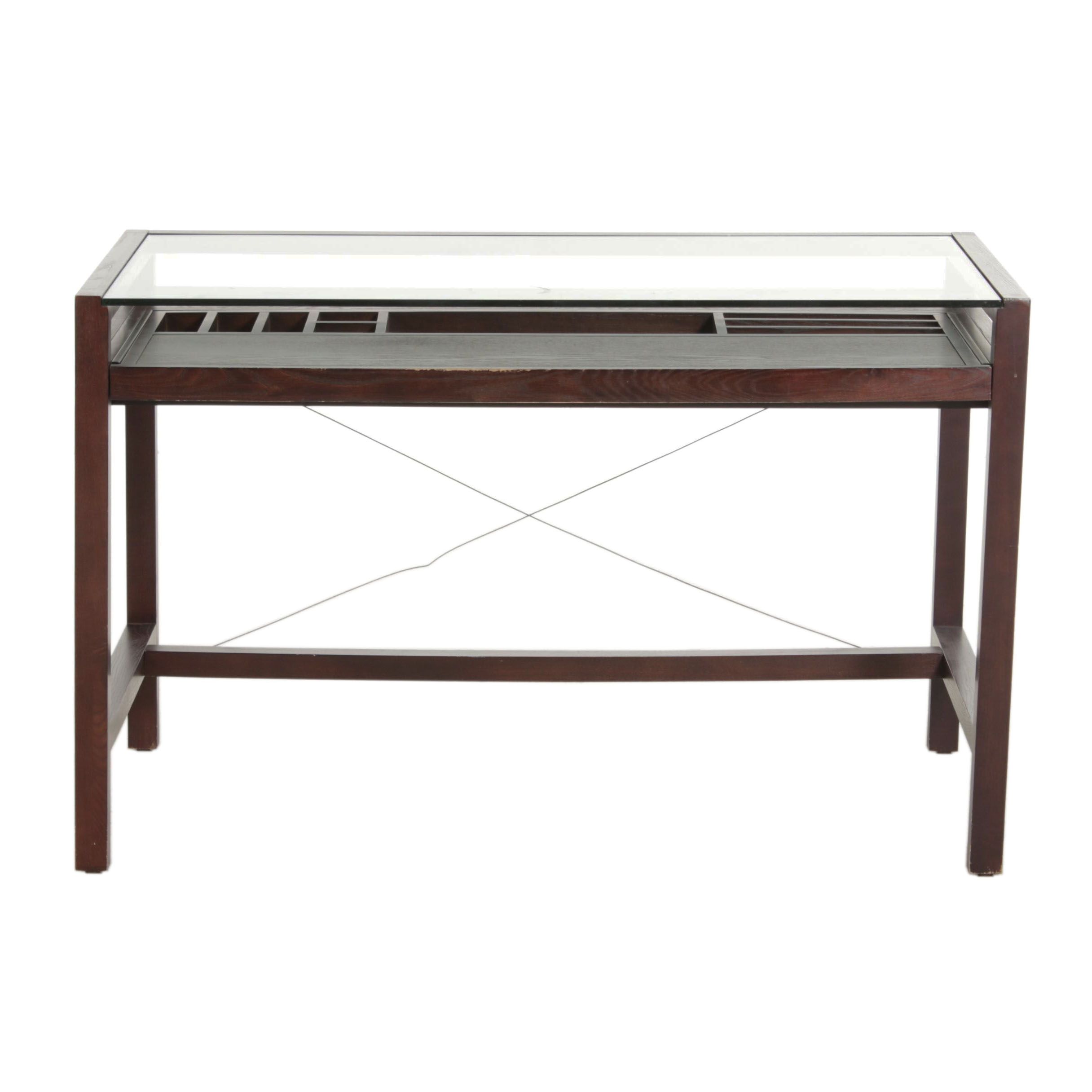 Modernist Style Glass Top Computer Desk with Pull-Out Keyboard & Organizer Shelf