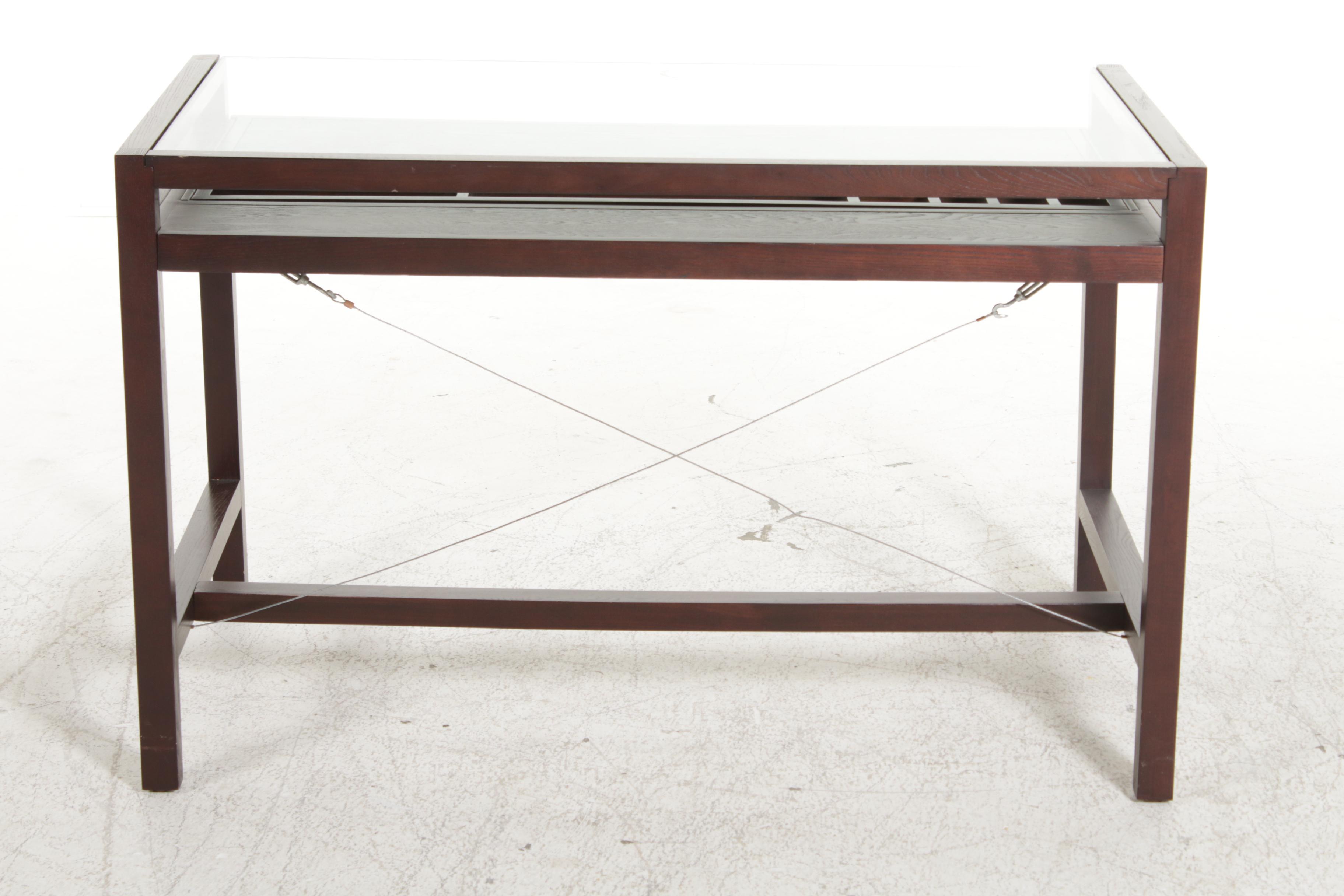 Modernist Style Glass Top Computer Desk with Pull-Out Keyboard & Organizer Shelf