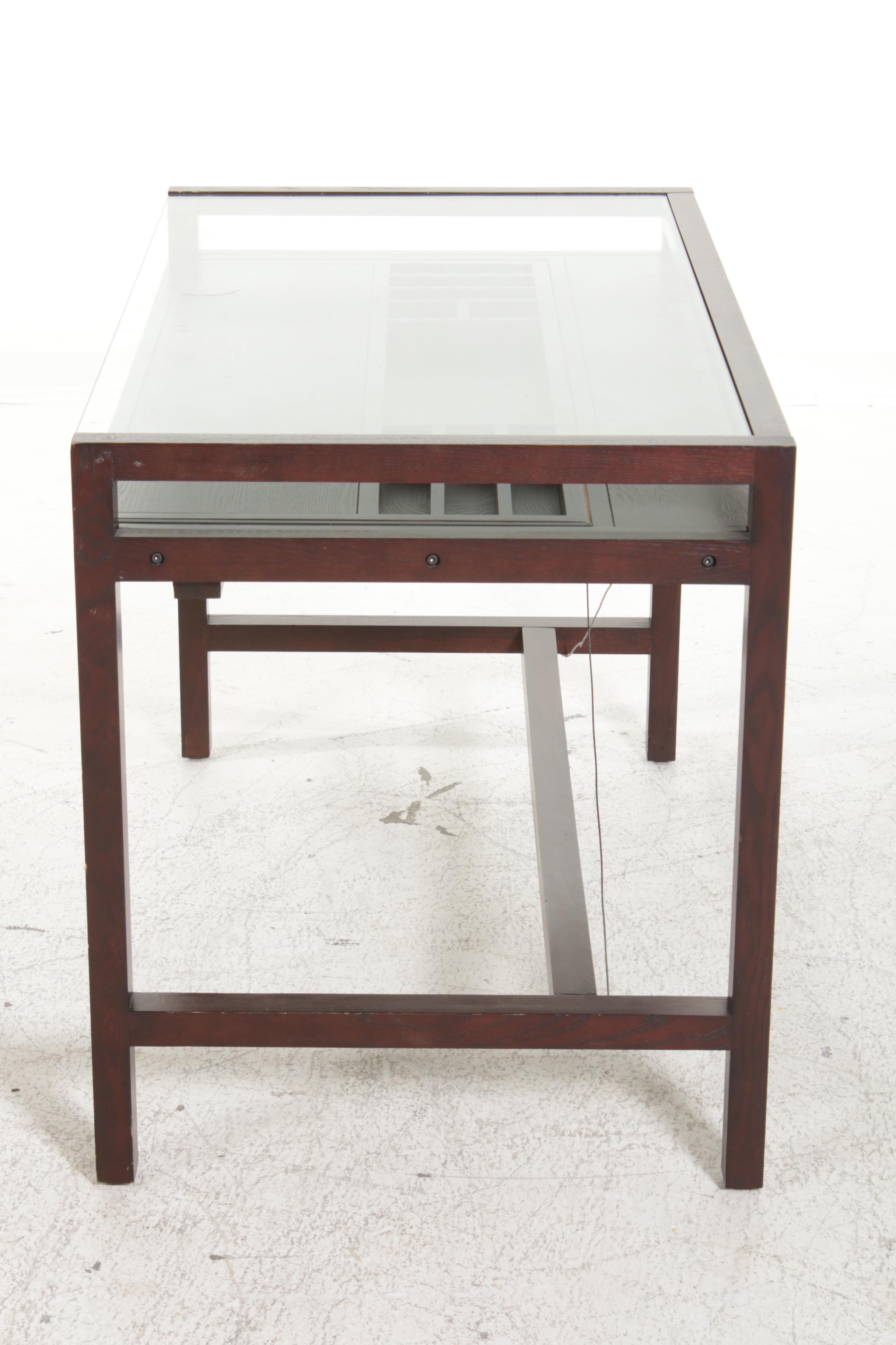 Modernist Style Glass Top Computer Desk with Pull-Out Keyboard & Organizer Shelf