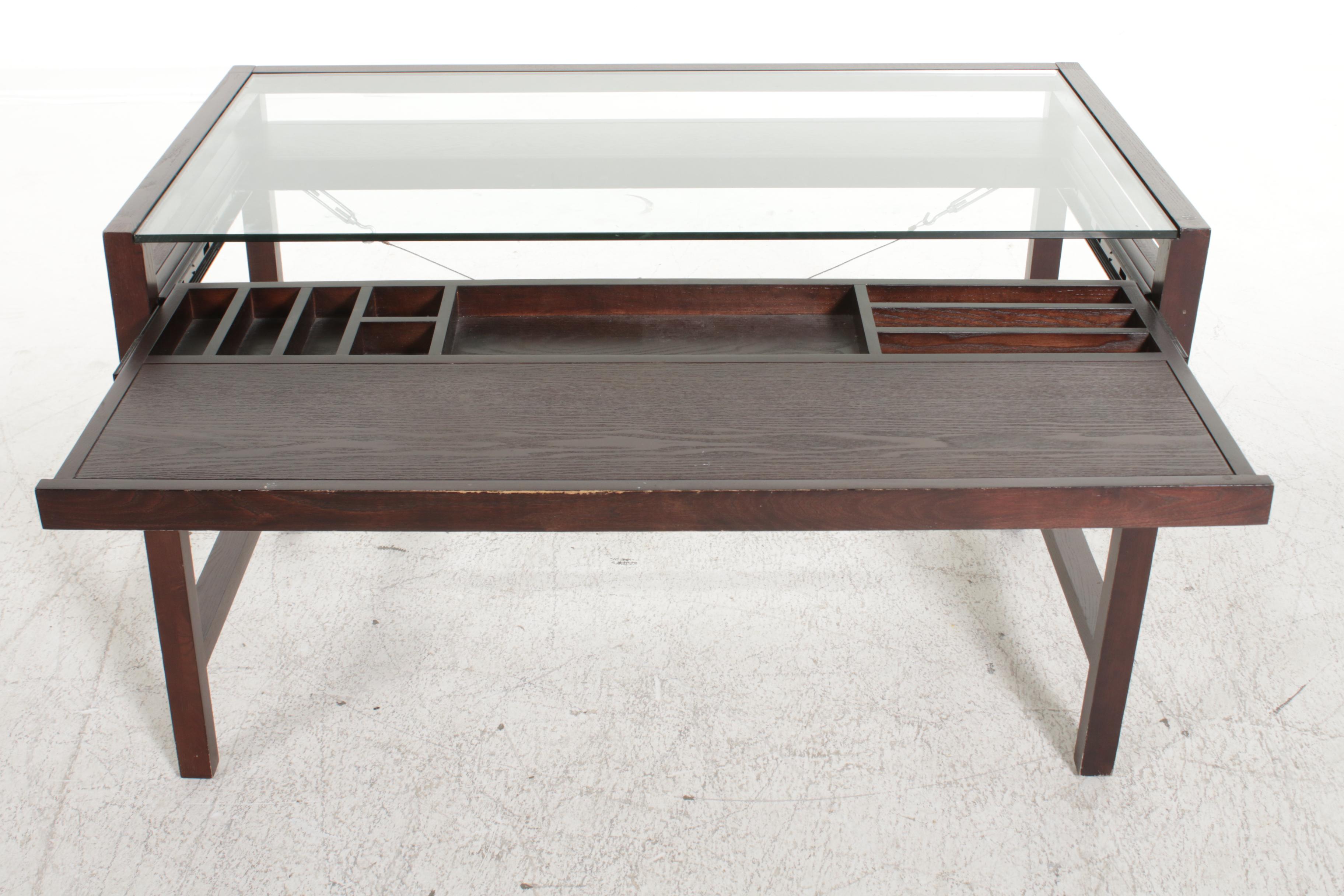 Modernist Style Glass Top Computer Desk with Pull-Out Keyboard & Organizer Shelf