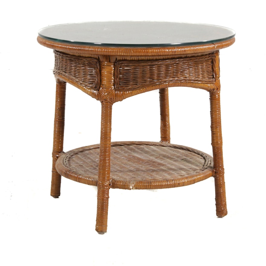 Round Woven Wicker and Rattan Side Table, Late 20th Century