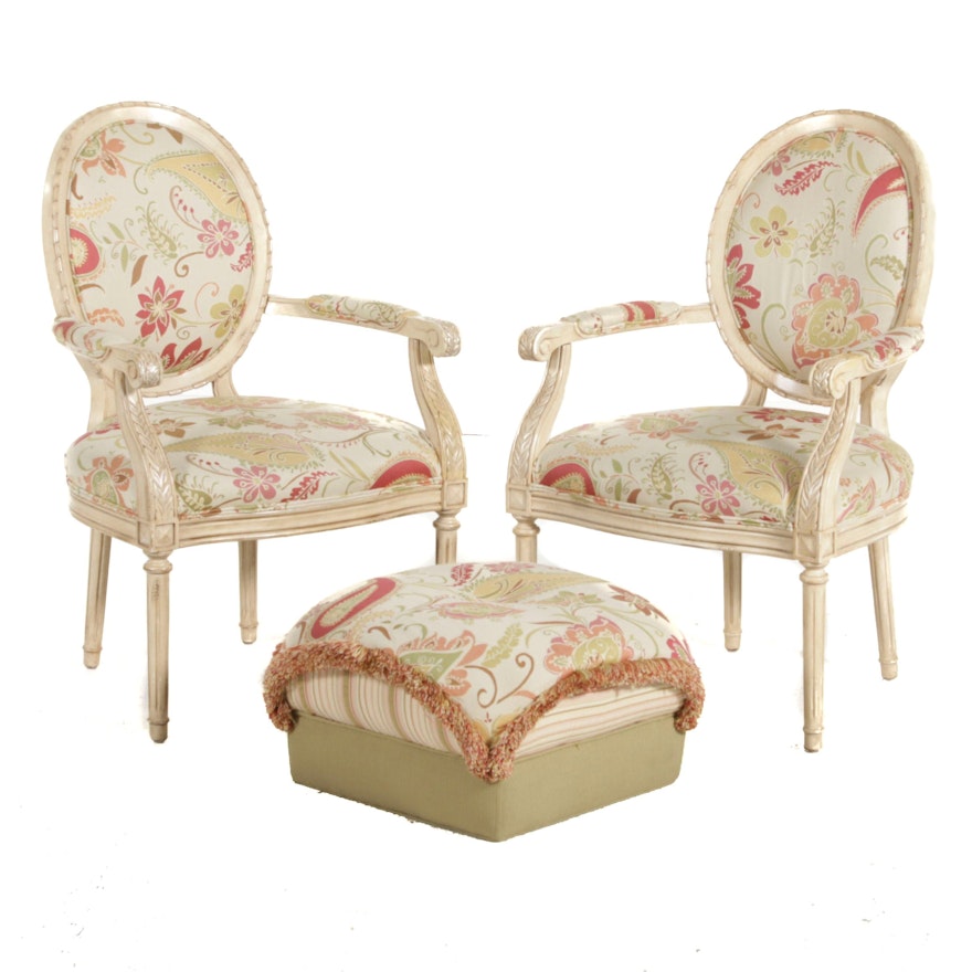 Pair of Craftmaster Furniture Louis XVI Style Upholstered Armchairs with Ottoman