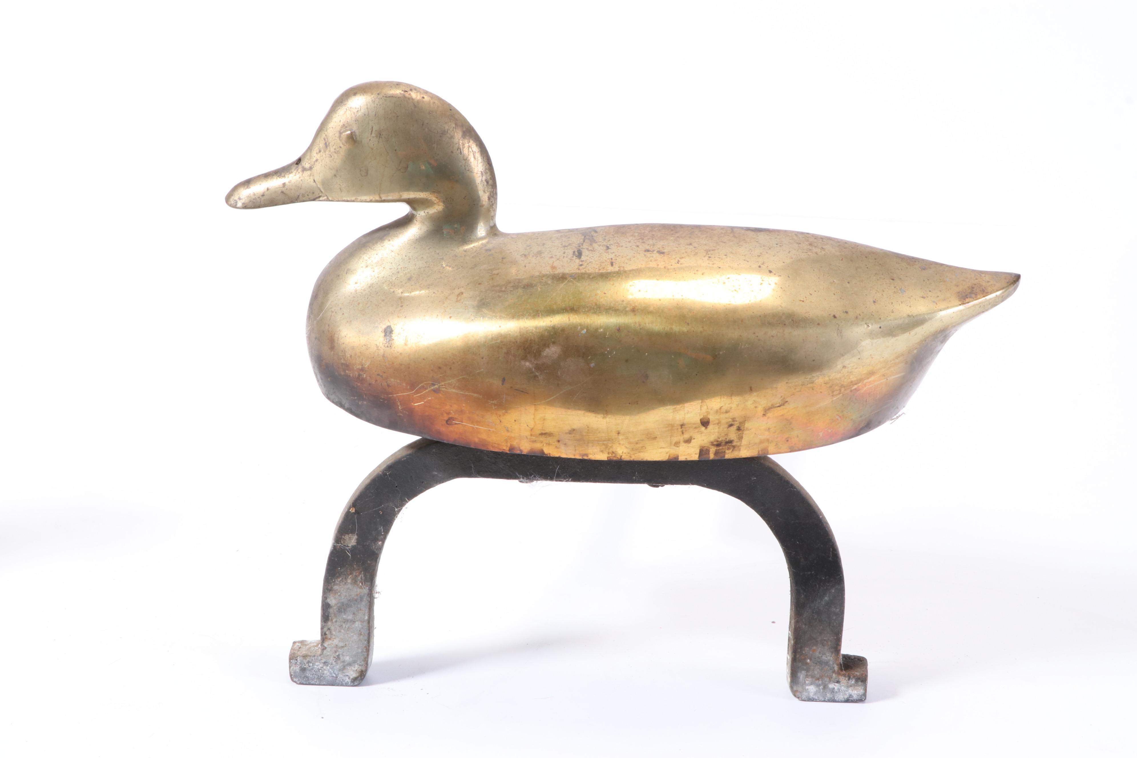 Brass Duck Fireplace Andirons, Mid to Late 20th Century