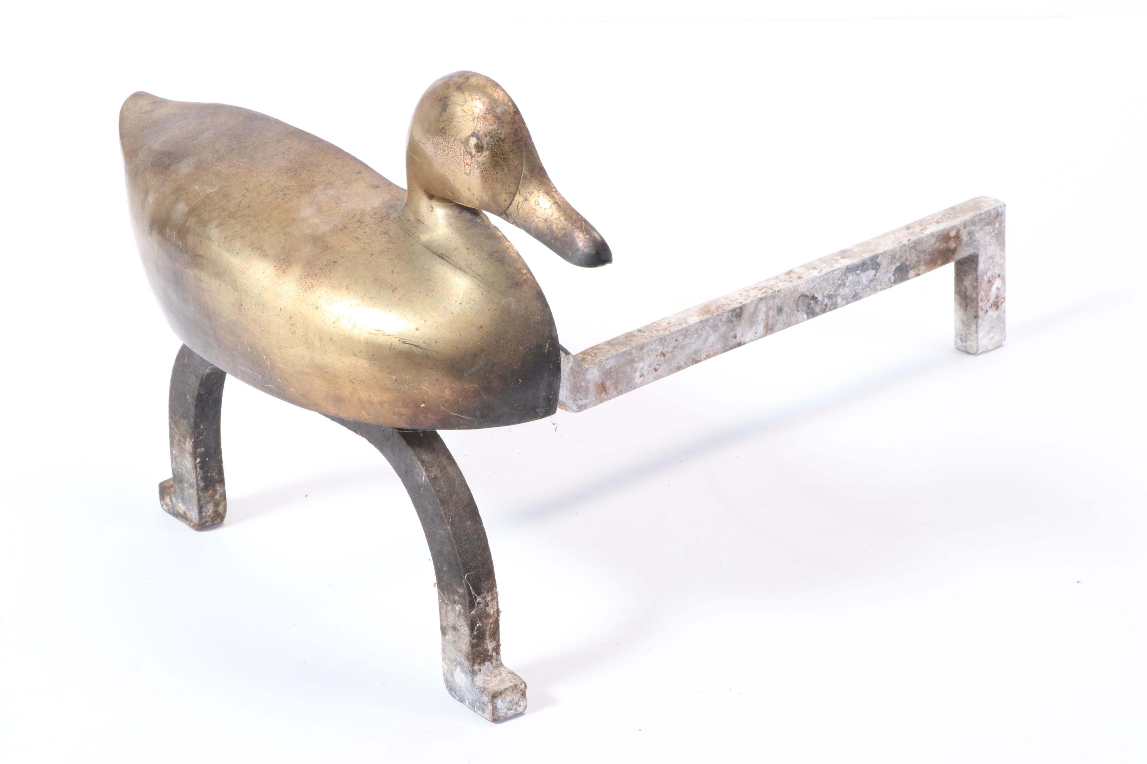 Brass Duck Fireplace Andirons, Mid to Late 20th Century